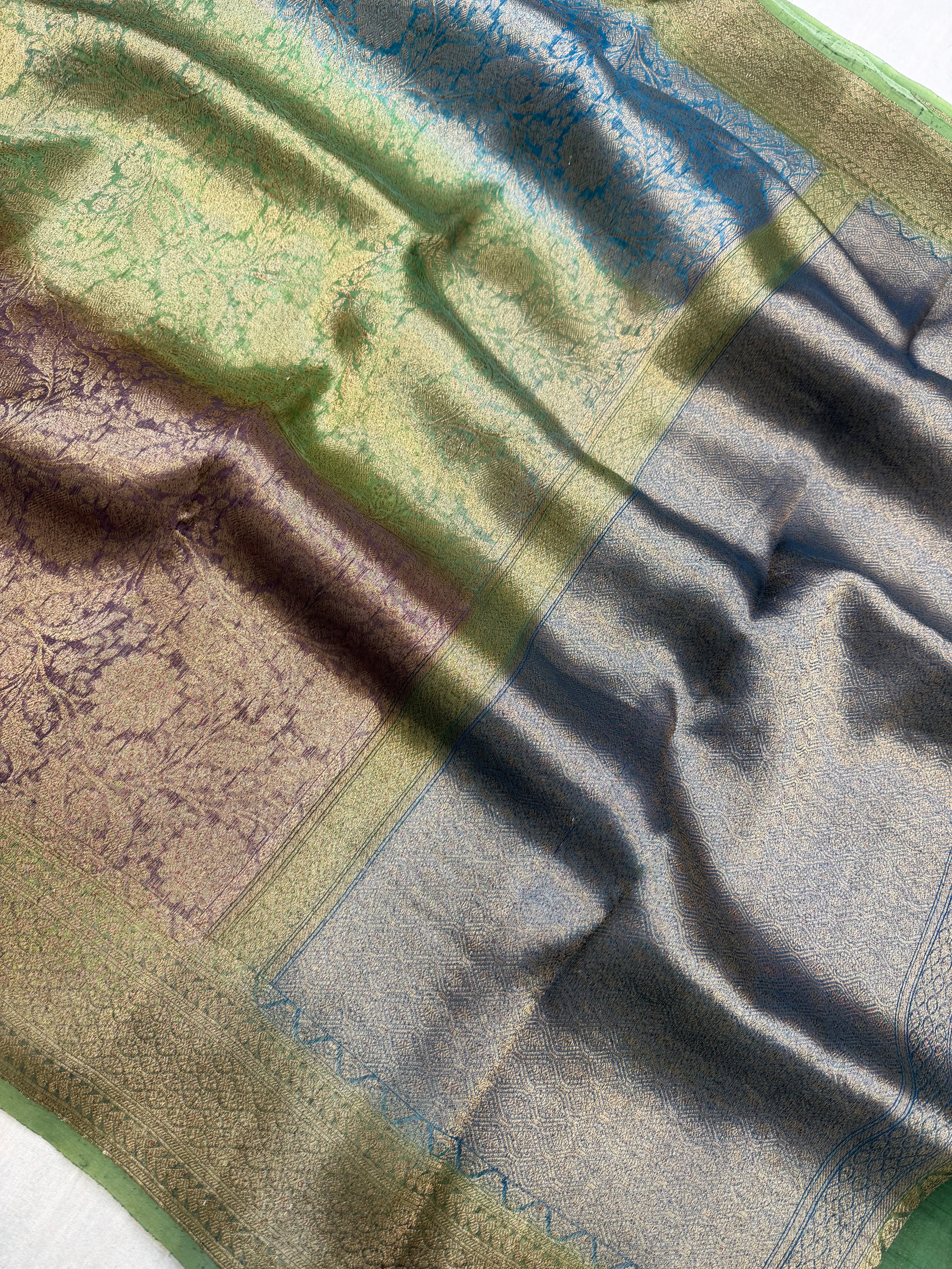 Dual Color Pure Kora Silk Handloom Banarasi Saree - All Over Brocade Jaal Work
