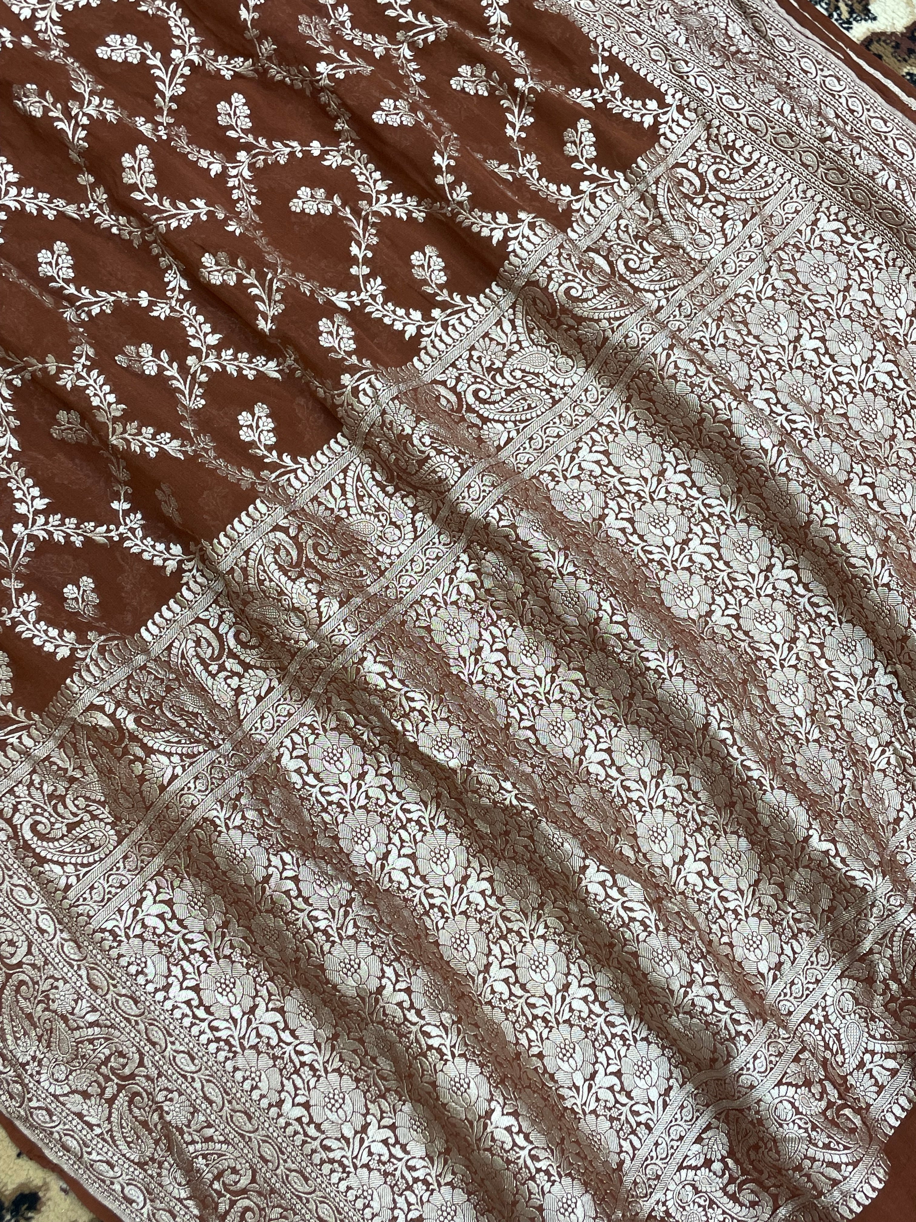Brown Color Khaddi Georgette Banarasi saree - all over jaal work with water zari