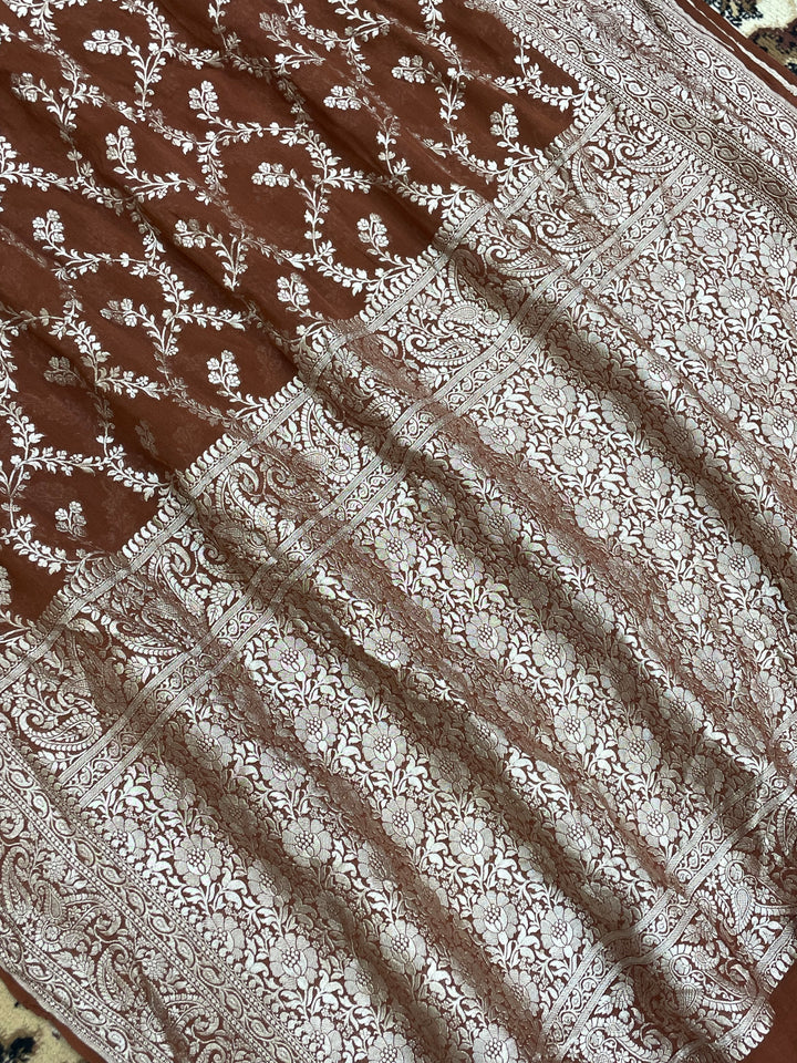 Brown Color Khaddi Georgette Banarasi saree - all over jaal work with water zari