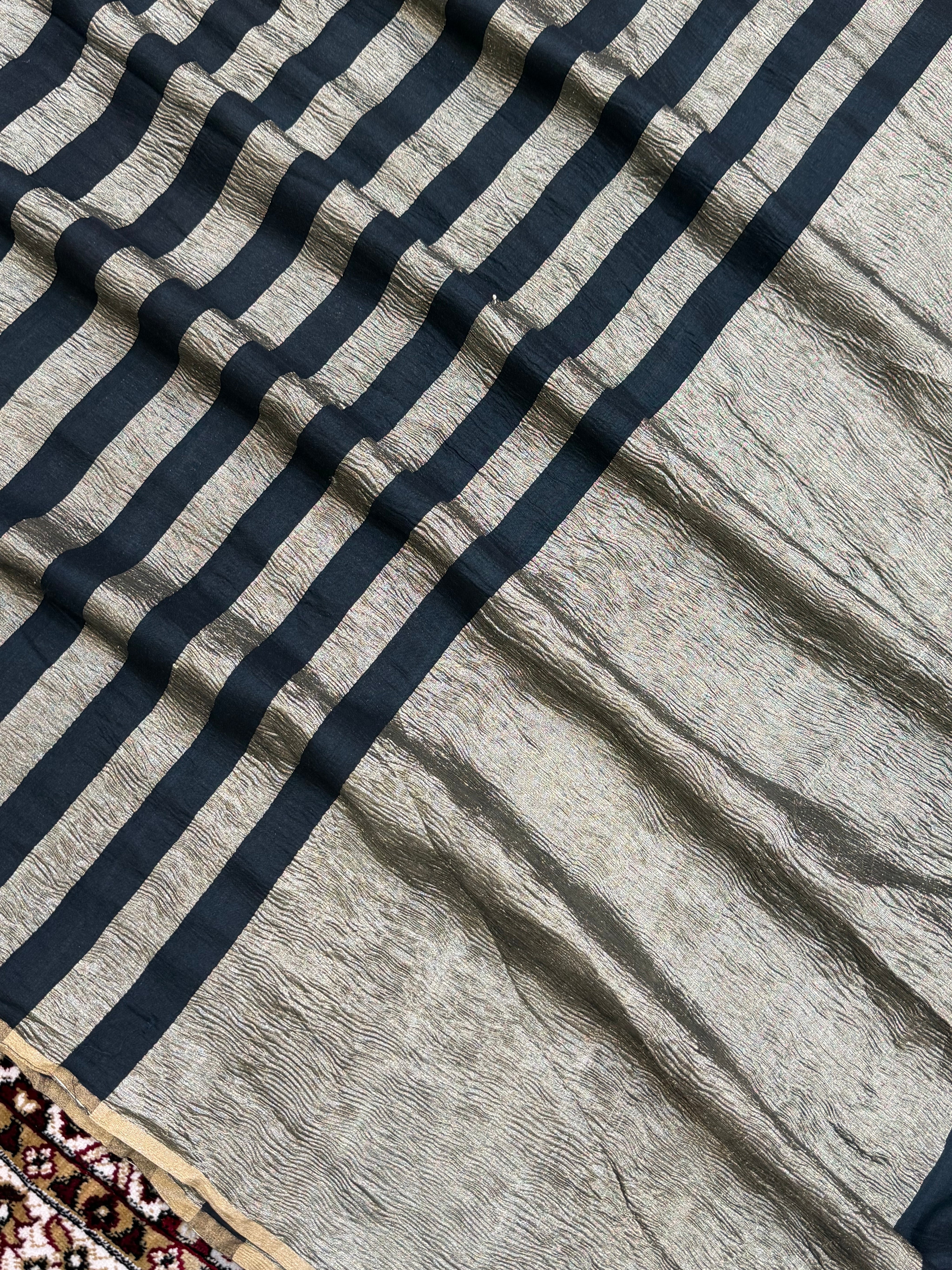 Black Color Chiniya Tissue  Silk Banarasi Saree with Stripe Design