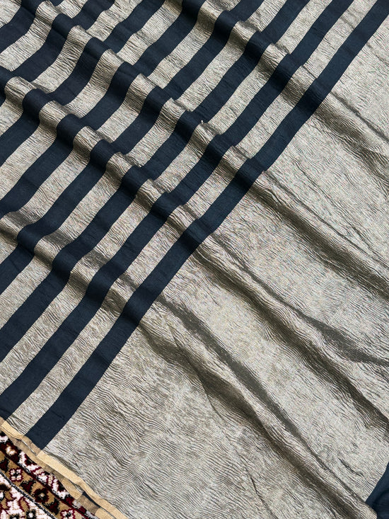 Black Color Chiniya Tissue  Silk Banarasi Saree with Stripe Design