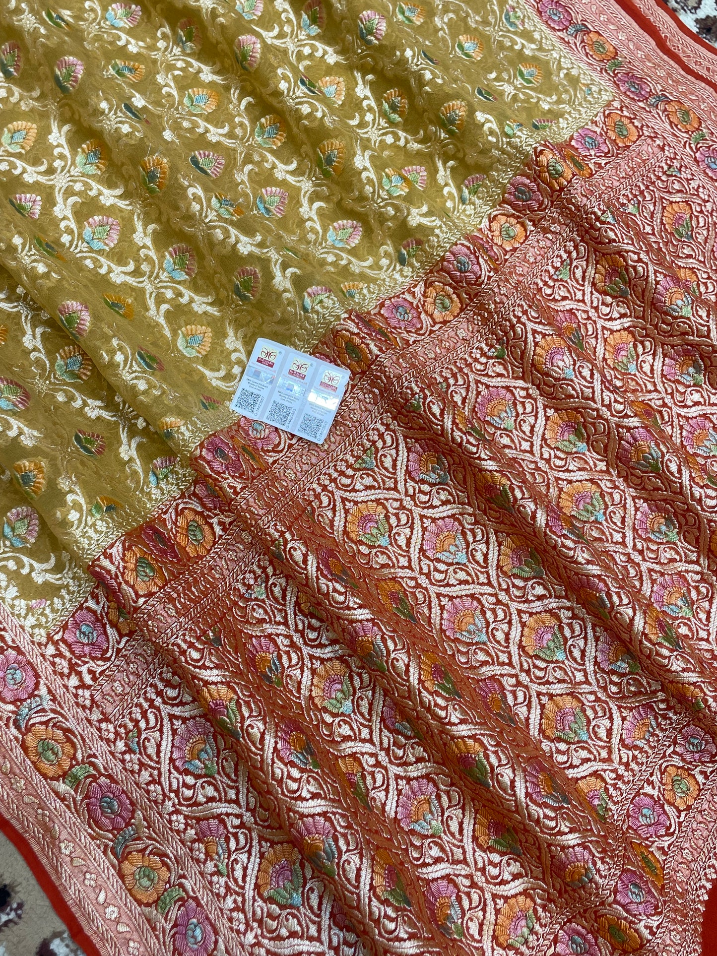Musterd Color Khaddi georgette Banarasi Saree - All Over Jaal wok with Meenakari