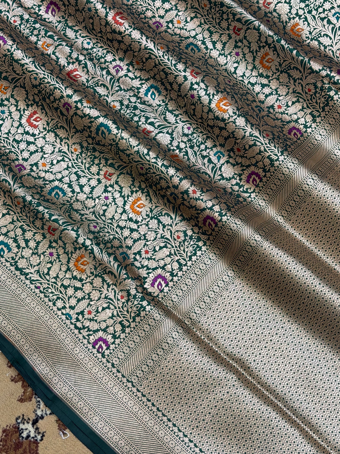 Bottle Green Color Pure Silk handloom Banarasi Saree - All Over Brocade Design with Meenakari