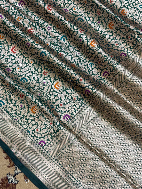 Bottle Green Color Pure Silk handloom Banarasi Saree - All Over Brocade Design with Meenakari
