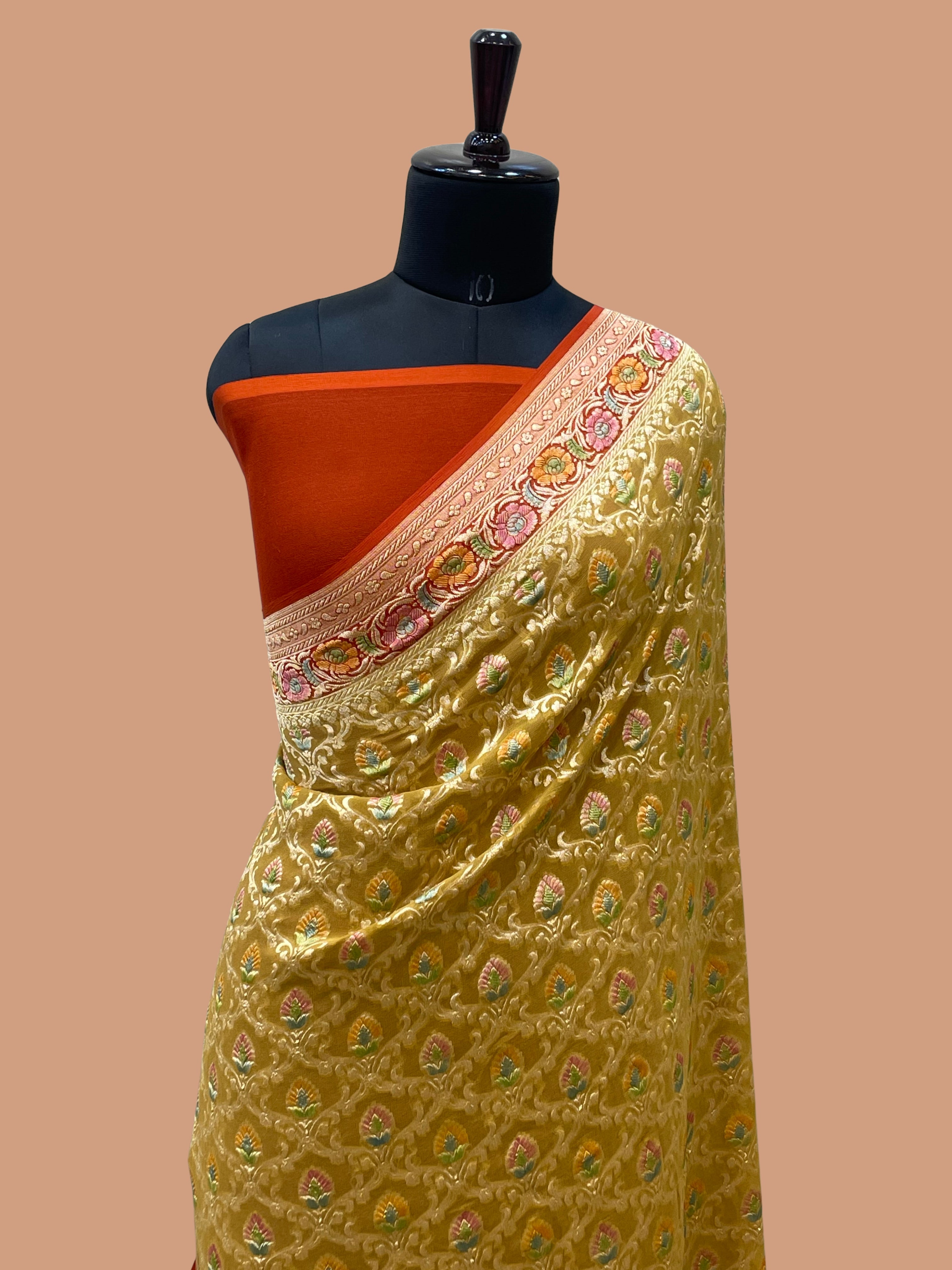 Musterd Color Khaddi georgette Banarasi Saree - All Over Jaal wok with Meenakari