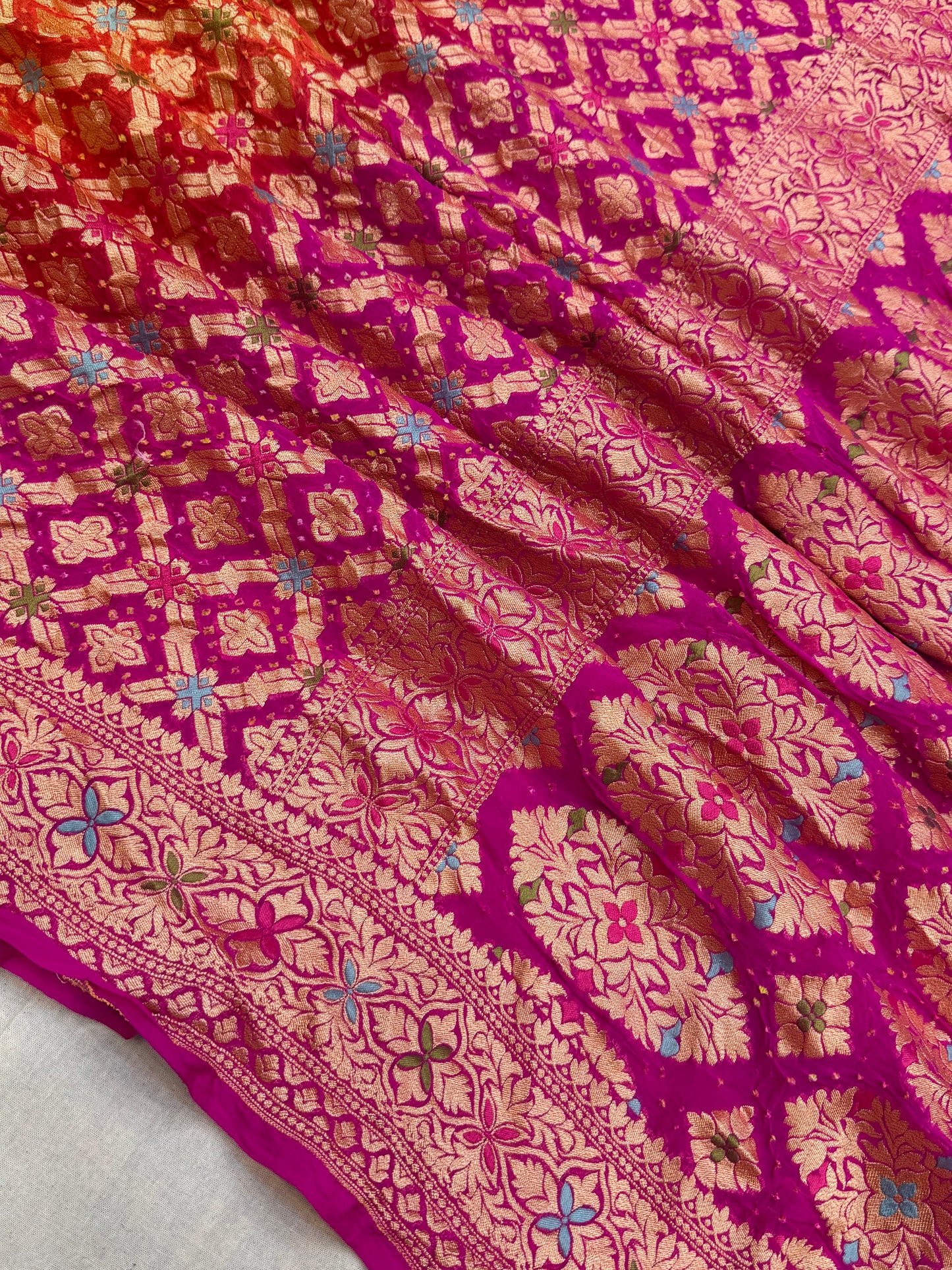 Pure Georgette Banarasi Bandhej Handloom Saree - Meenakari