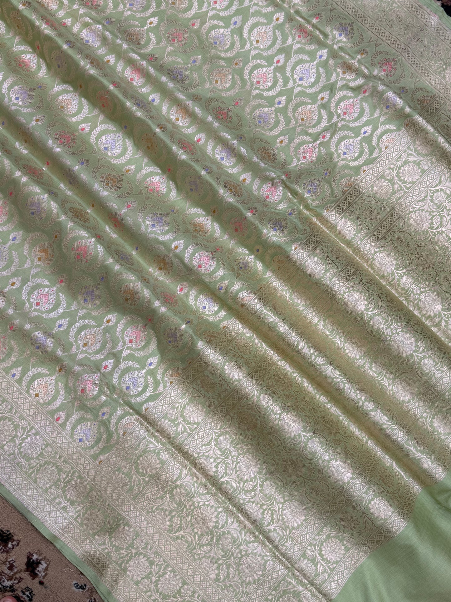 Pista Color Pure Katan Silk Handloom Banarasi Saree - All Jaal Work with Meenakari
