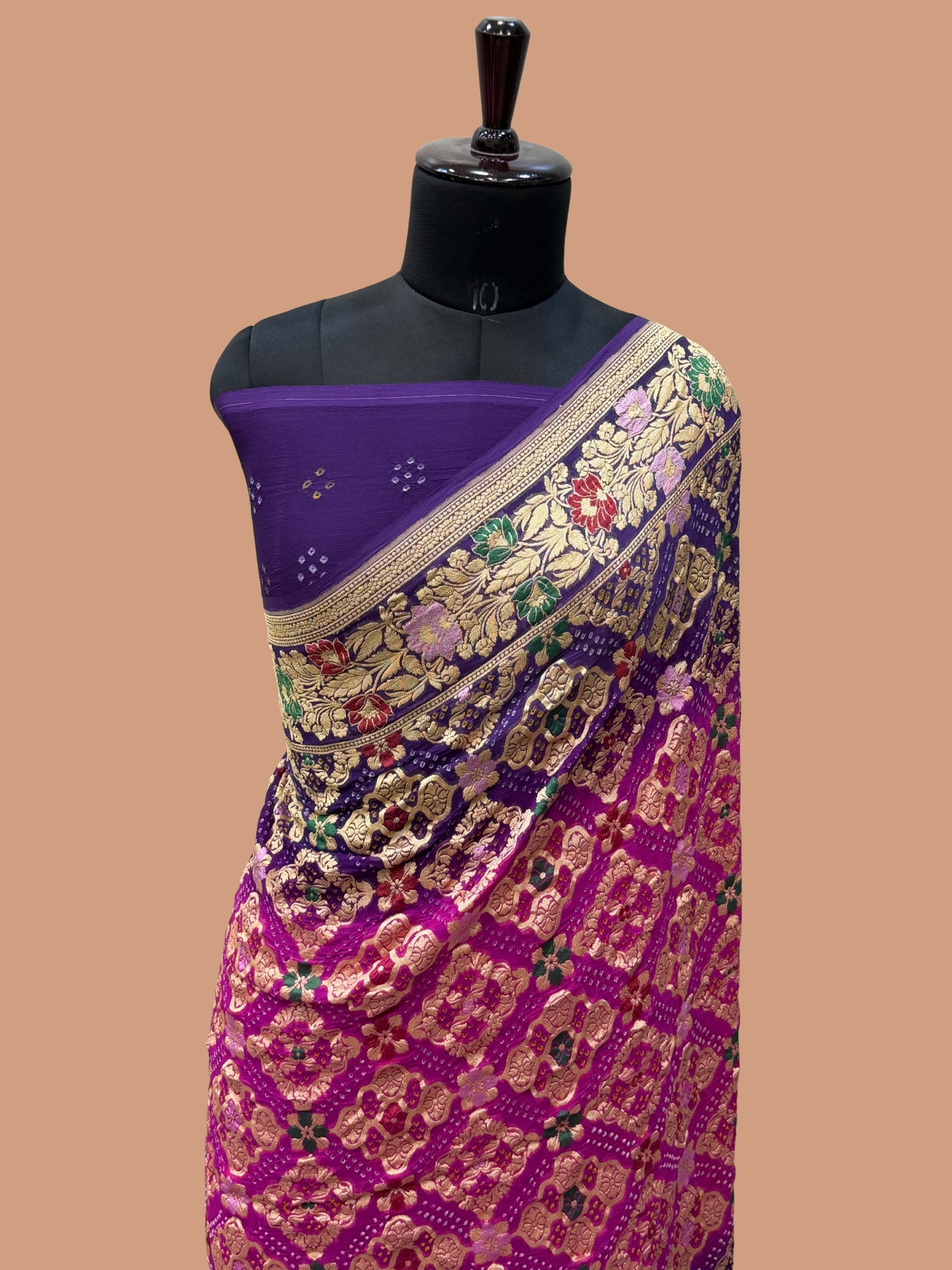 Pure Georgette Banarasi Bandhej Handloom Saree - Meenakari