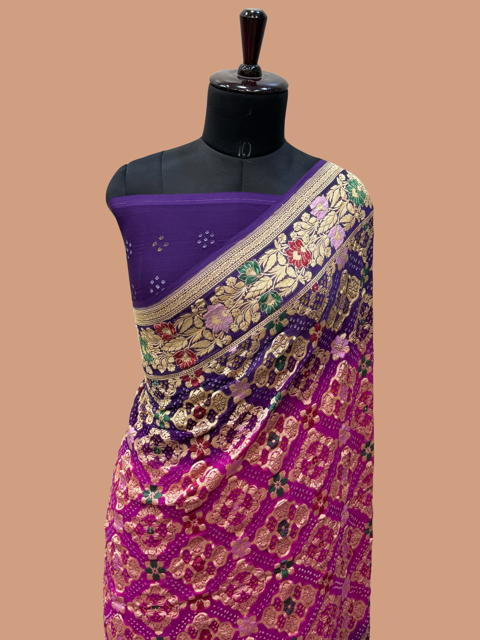 Pure Georgette Banarasi Bandhej Handloom Saree - Meenakari