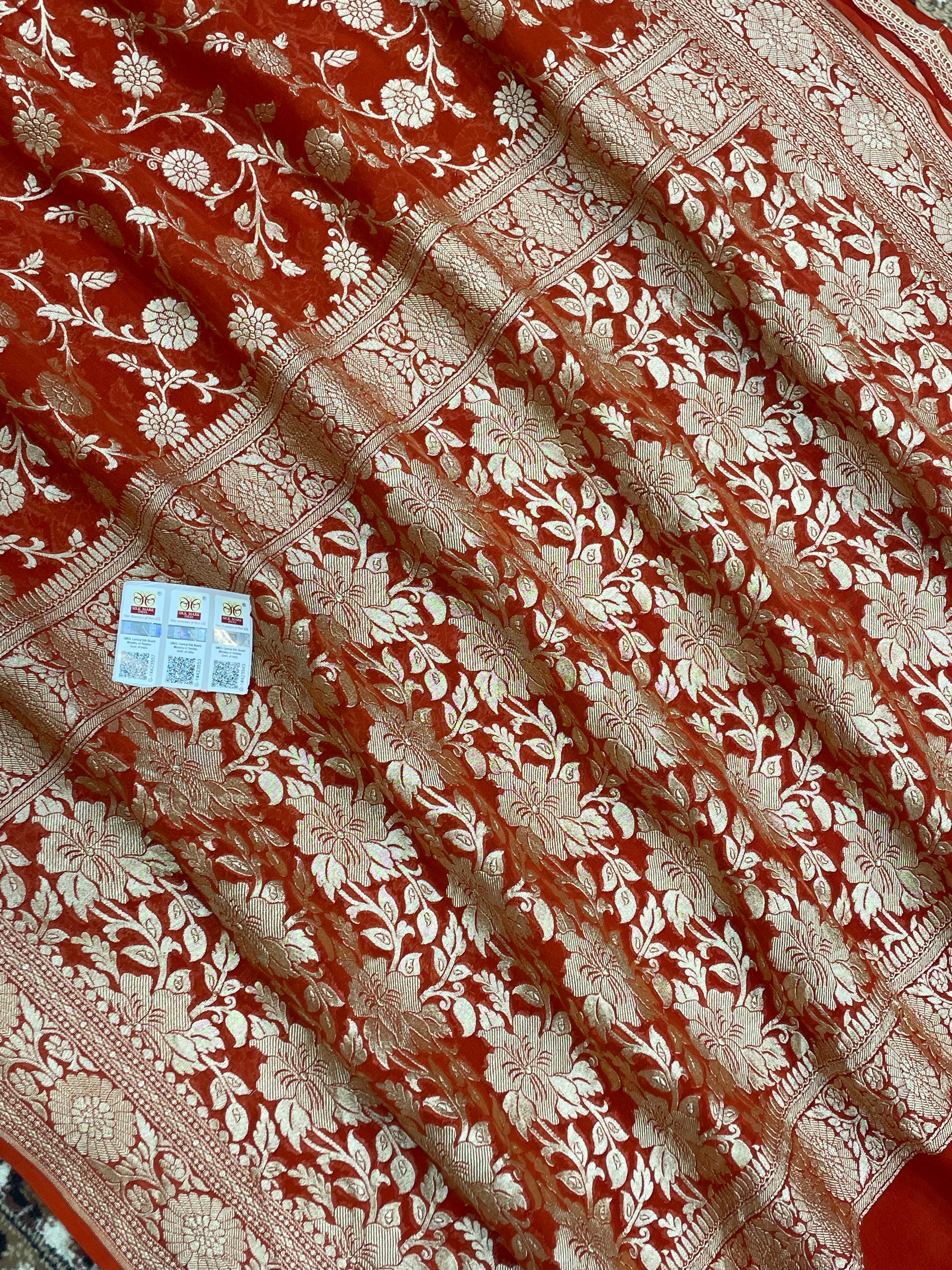 Rust Color Khaddi Georgette banarasi saree - all Over jaal work with Water zari