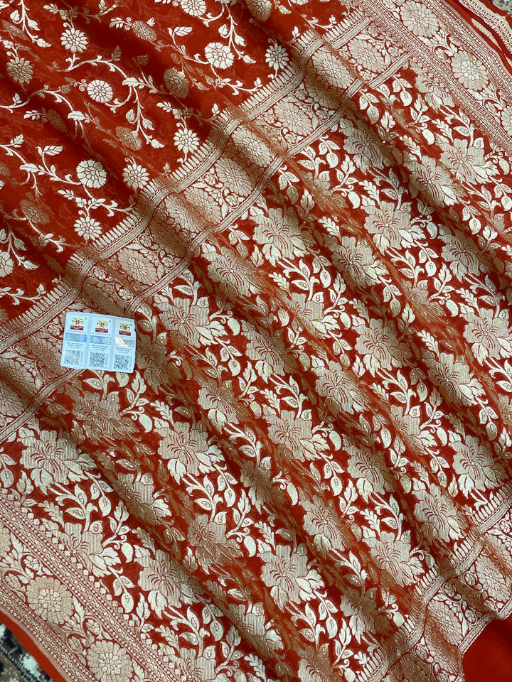 Rust Color Khaddi Georgette banarasi saree - all Over jaal work with Water zari