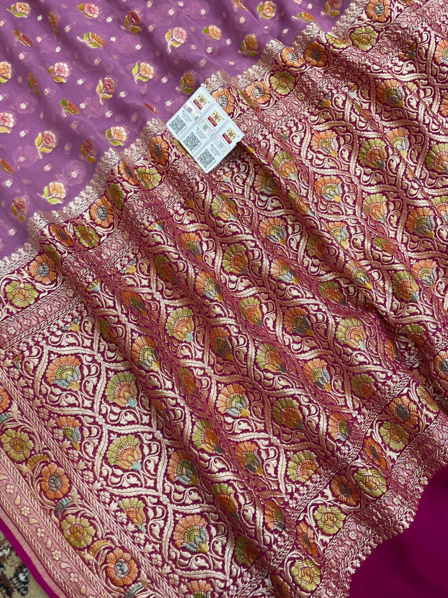 dusty Pink Khaddi Georgette Banarasi Saree - All Over Jaal Work with Meenakari