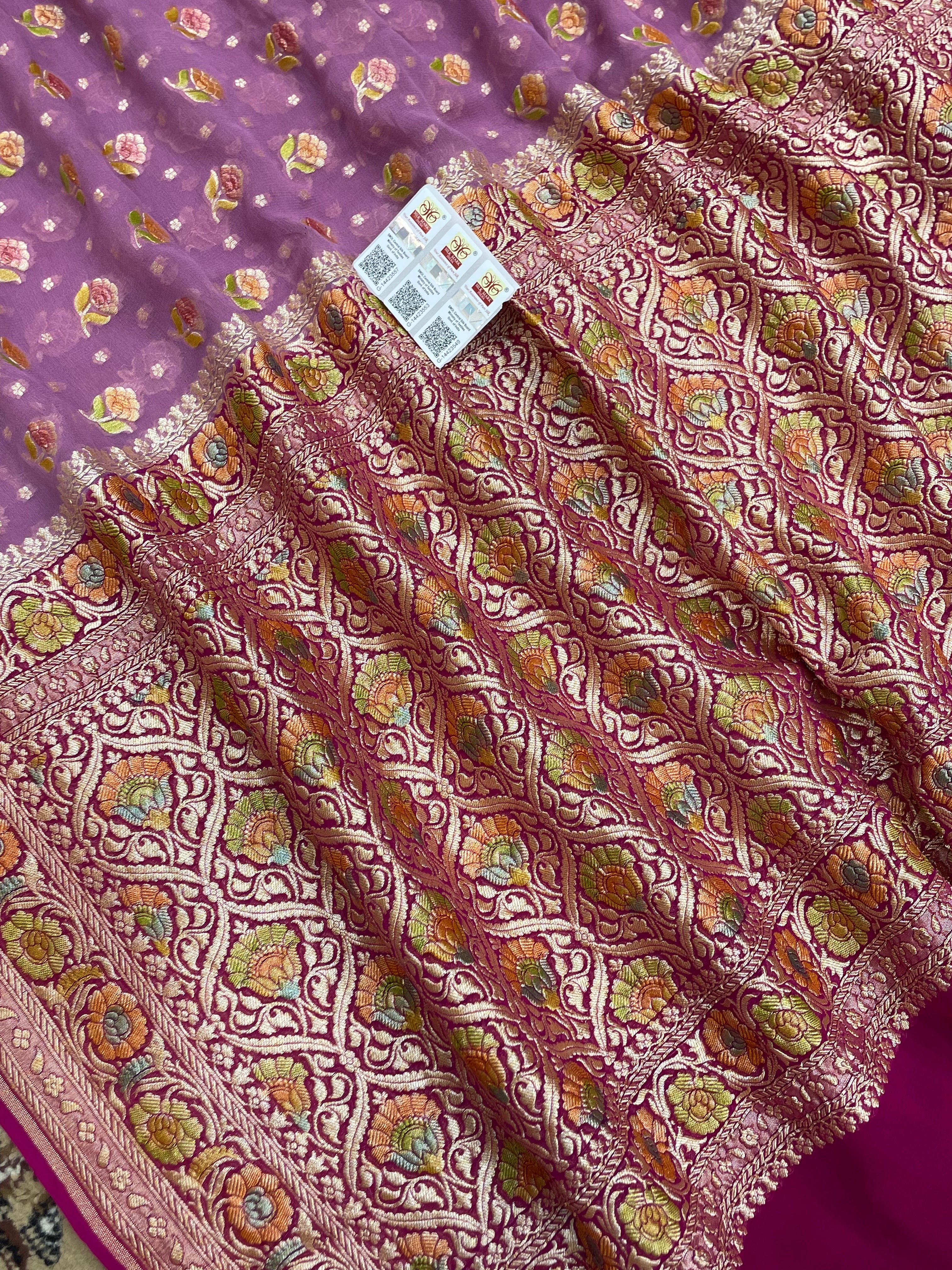 dusty Pink Khaddi Georgette Banarasi Saree - All Over Jaal Work with Meenakari