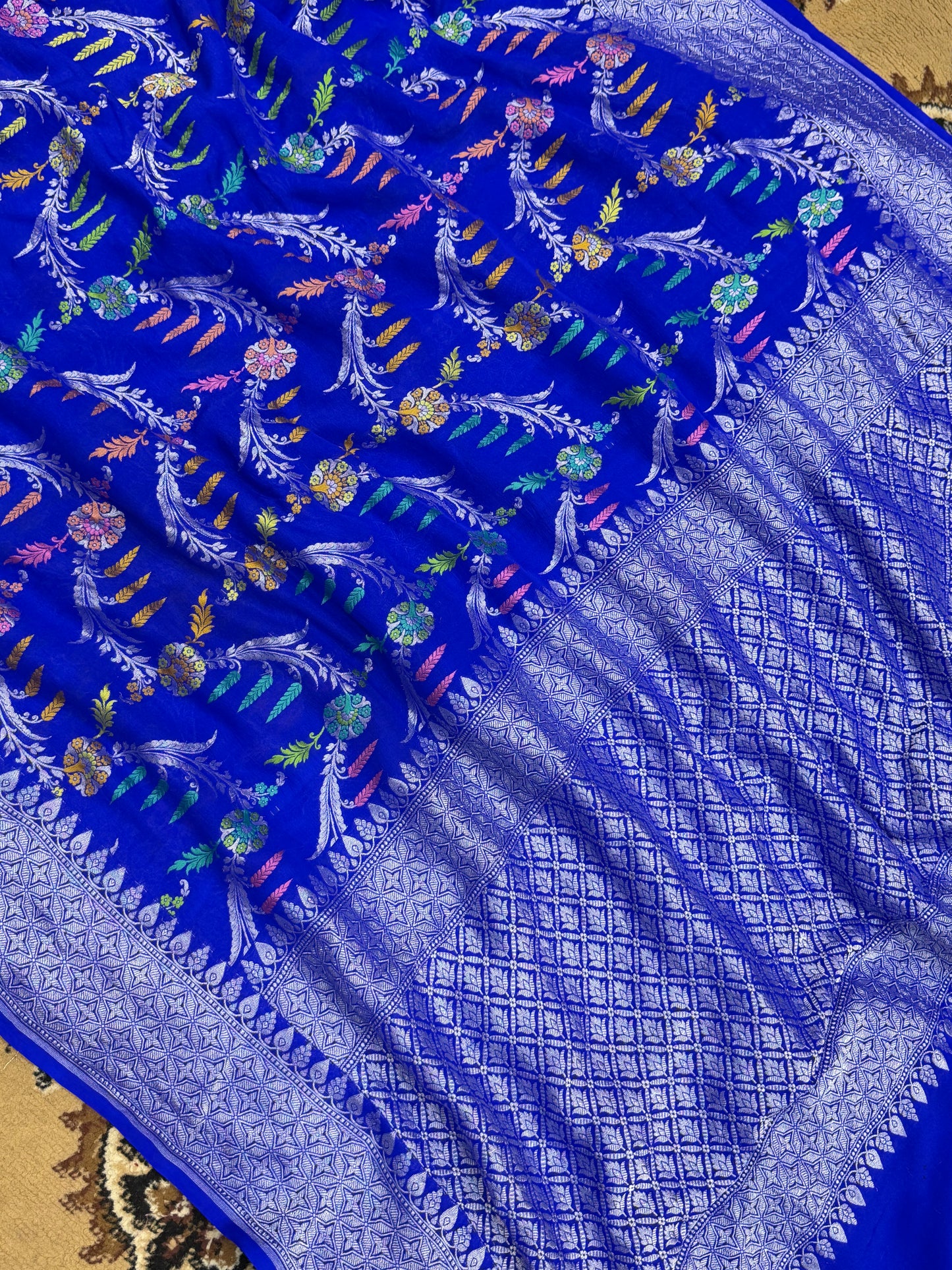 Royal Blue Color Khaddi Georgette Banarasi Saree All Jaal Work with Tilfi Meenakari