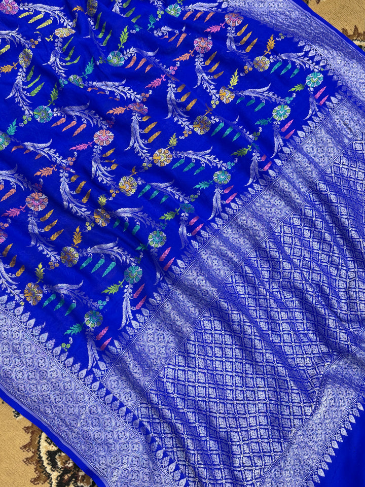 Royal Blue Color Khaddi Georgette Banarasi Saree All Jaal Work with Tilfi Meenakari