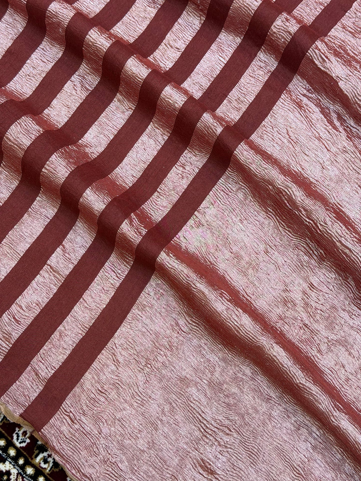 Maroon Color Chiniya Tissue  Silk Banarasi Saree with Stripe Design
