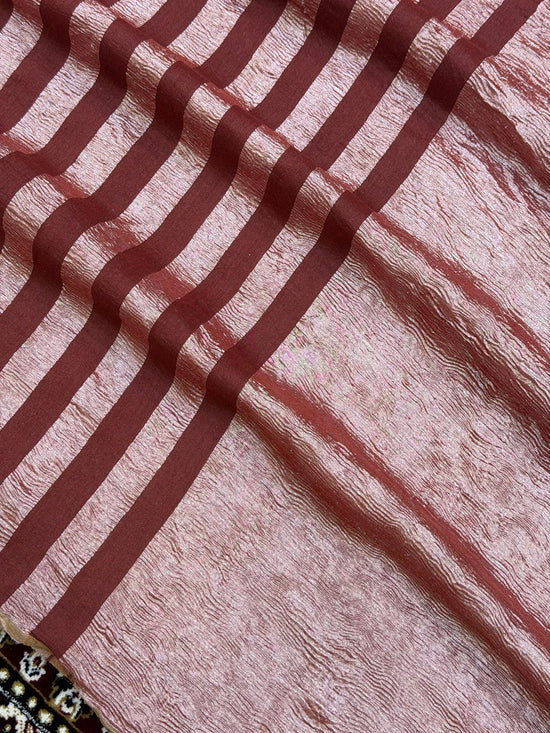 Maroon Color Chiniya Tissue  Silk Banarasi Saree with Stripe Design