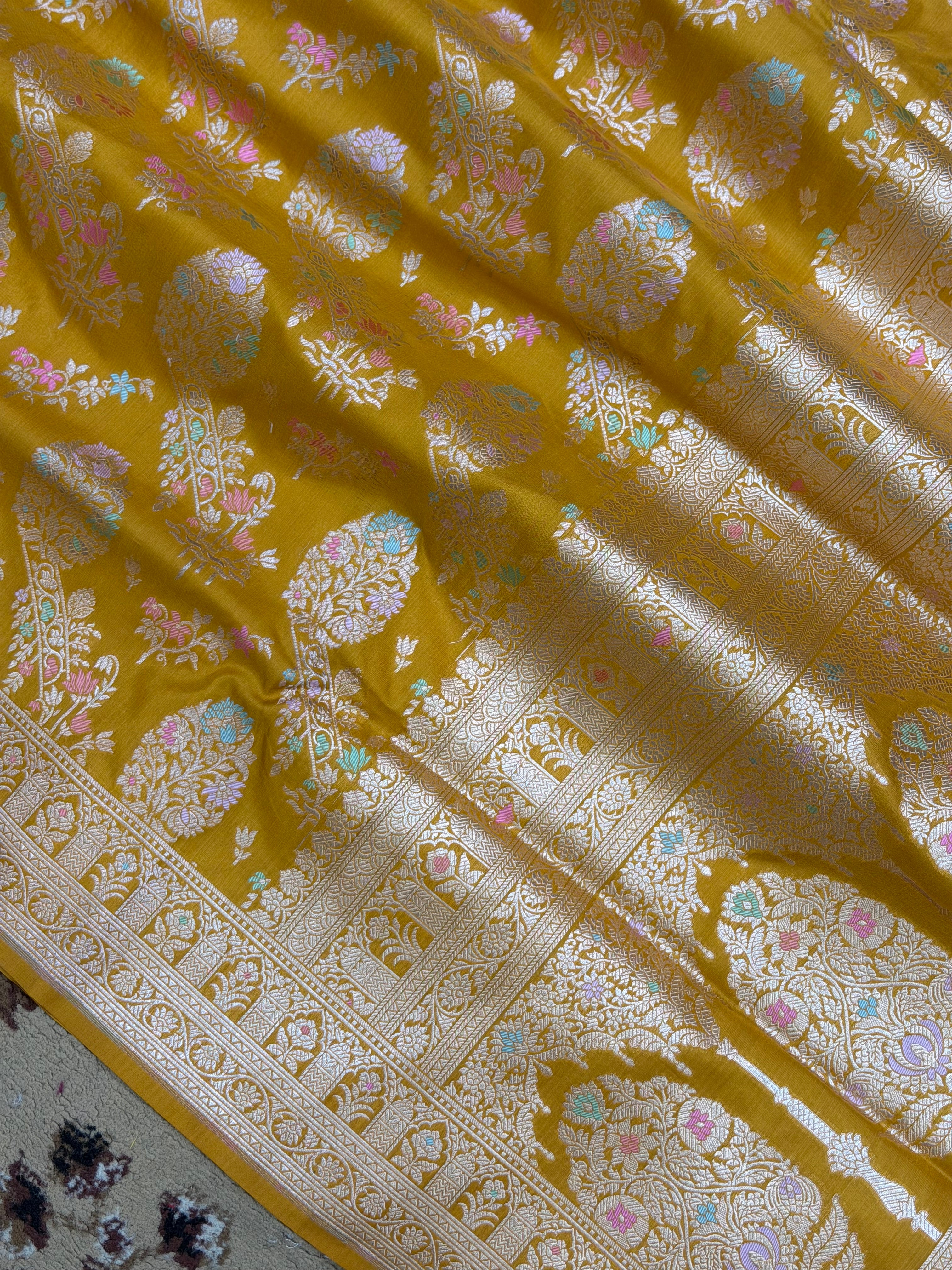 Musterd Color Pure Silk Handloom Banarasi Saree - All Over Jaal Work with Meenakari