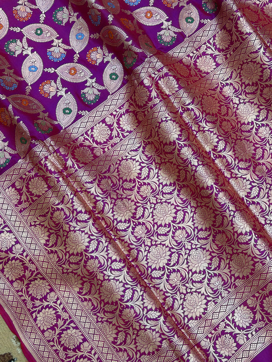 Rani Magenta Color Pure Silk Handloom Banarasi Sareee - All Over Leaf Jaal Work with Meenakari