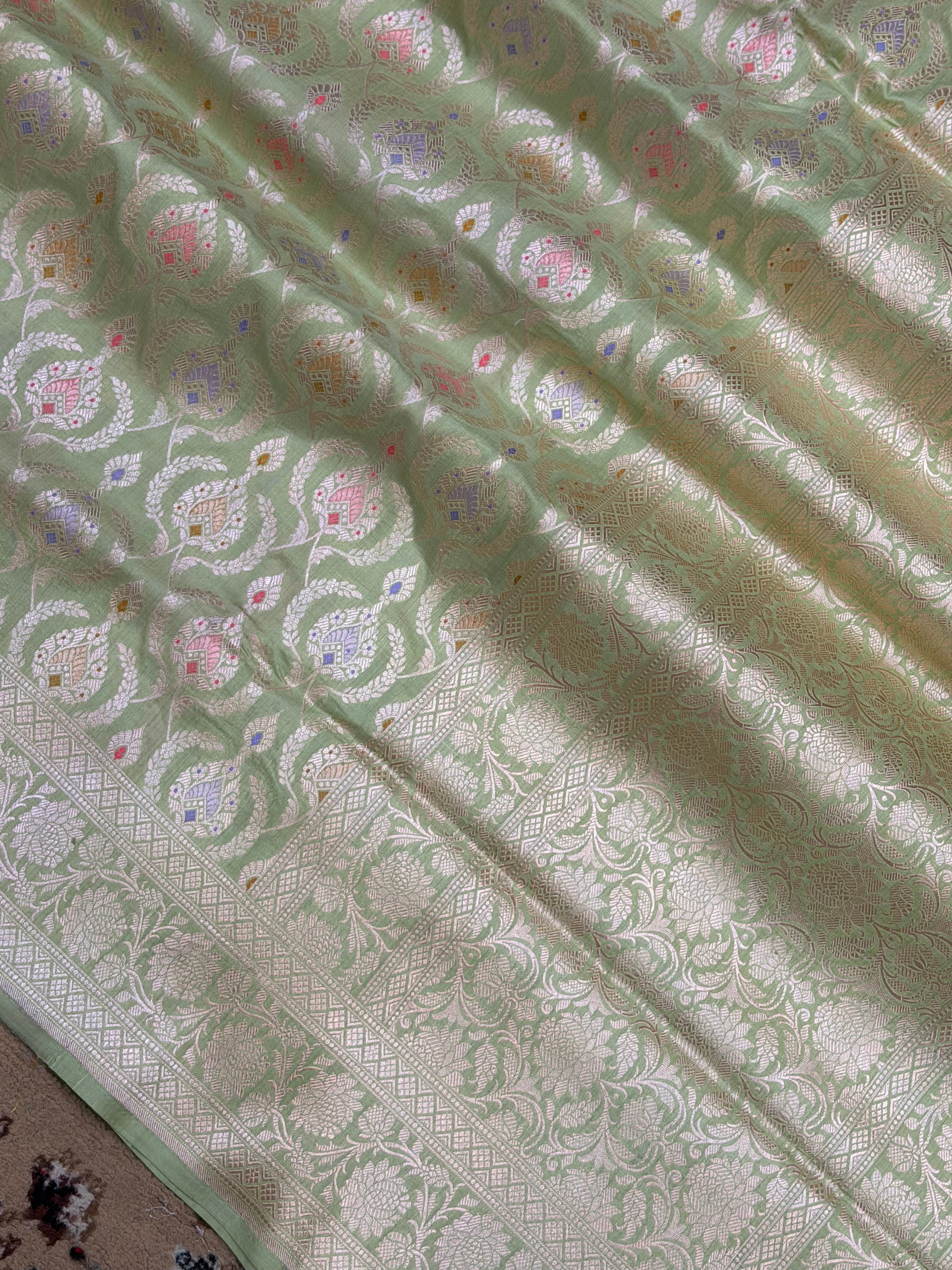 Pista Color Pure Katan Silk Handloom Banarasi Saree - All Jaal Work with Meenakari