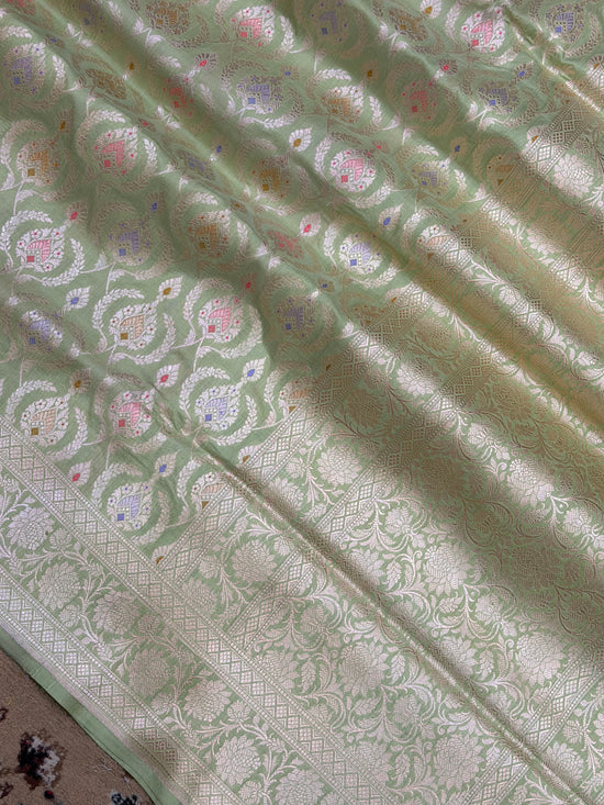 Pista Color Pure Katan Silk Handloom Banarasi Saree - All Jaal Work with Meenakari