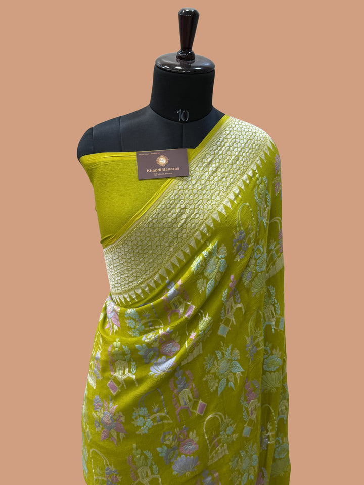 Mahendi Color Khaddi Georgette banarasi Saree - All Over Jaal Work with Tilfi Meenakari