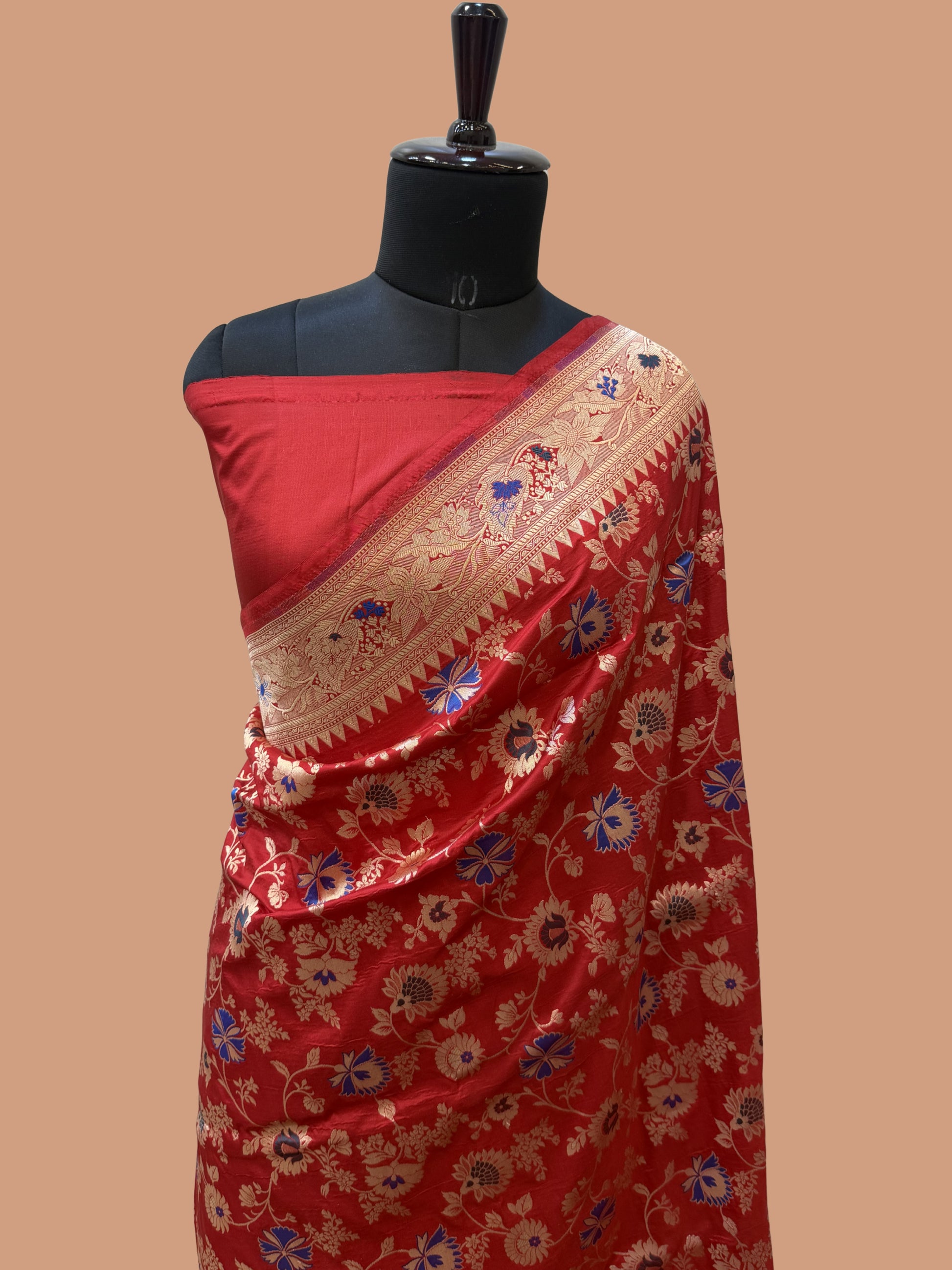 Red Color Pure Silk Handloom Banarasi Saree - All Over Jaal work with Meenakari
