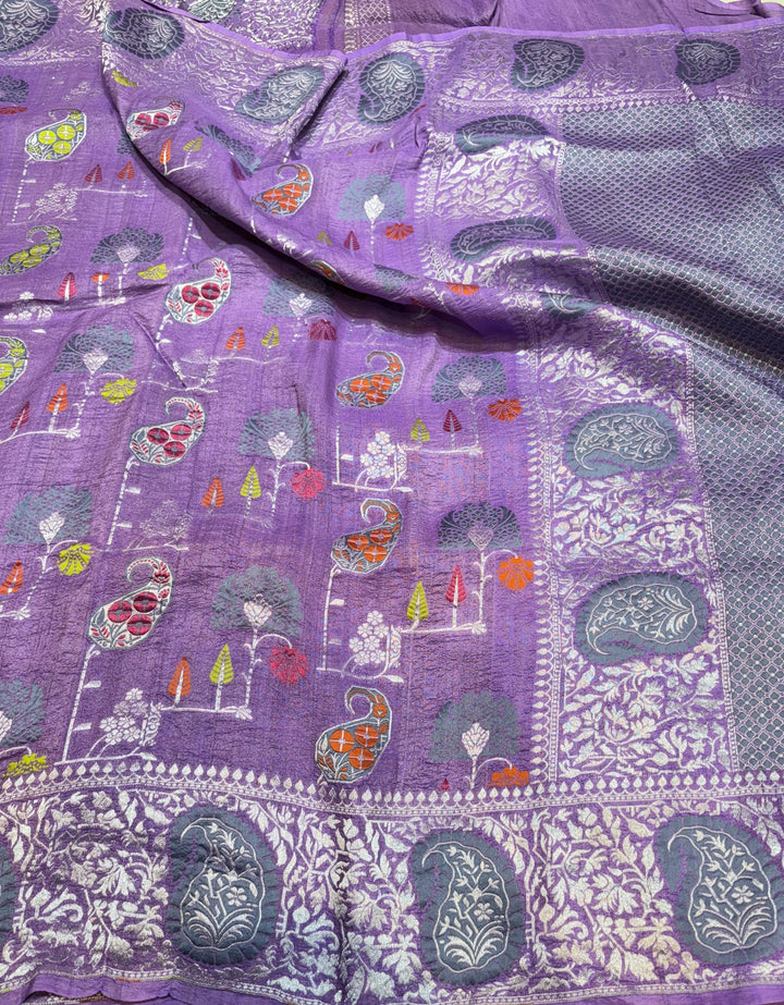 Pure Desi Tussar Georgette Floral Geometrical Jaal Banarasi Saree with Tilfi Work and Finished with Carry in Border