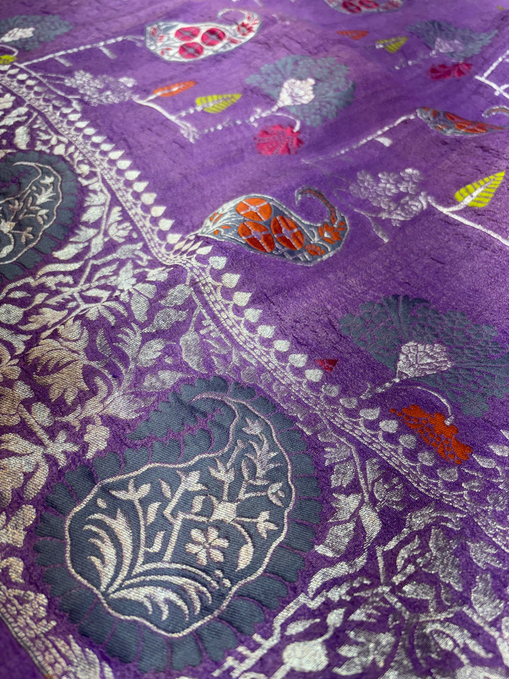 Pure Desi Tussar Georgette Floral Geometrical Jaal Banarasi Saree with Tilfi Work and Finished with Carry in Border