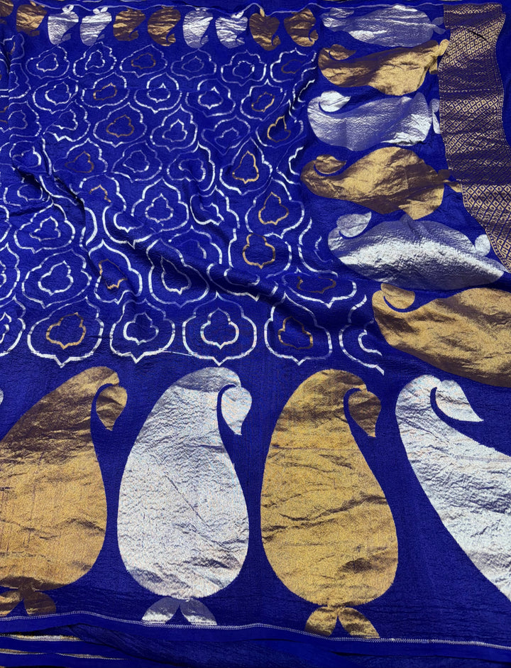 Pure Desi Tussar Georgette Royal Blue Colour Banarasi Saree Made From Sona Rupa Zari