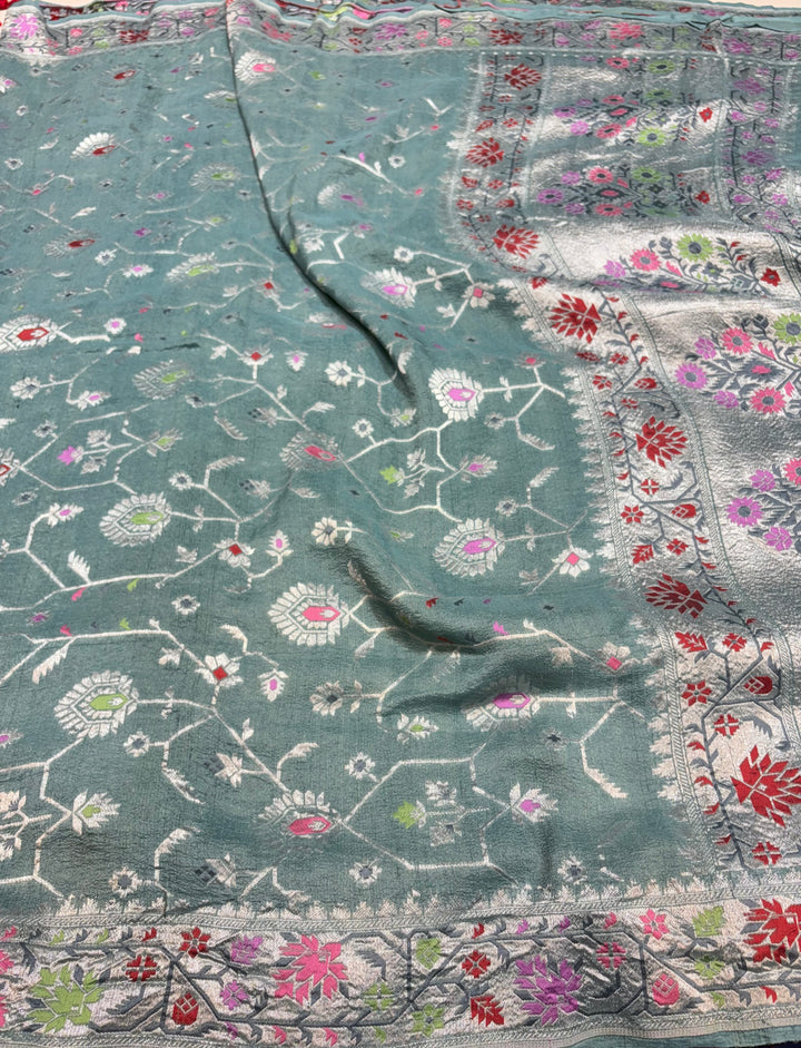 Pure Desi Tussar Georgette Geometrical Jaal Tilfi Banarasi Saree