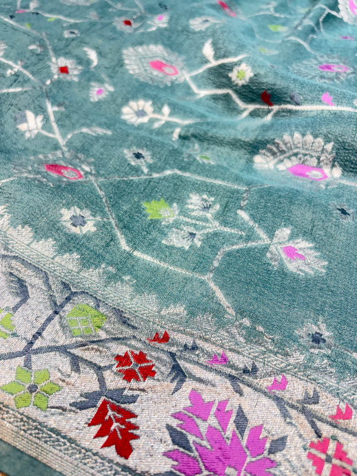 Pure Desi Tussar Georgette Geometrical Jaal Tilfi Banarasi Saree