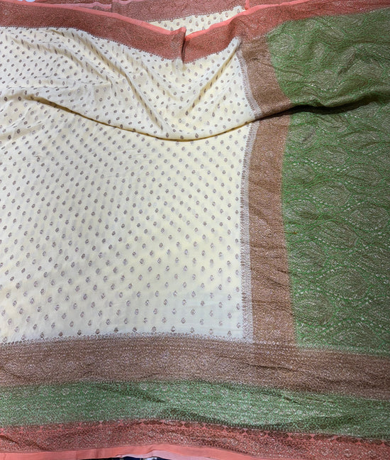 Pure Crape Antique Zari Allover Small Motifs Design Saree with 3d Contrast Pallu