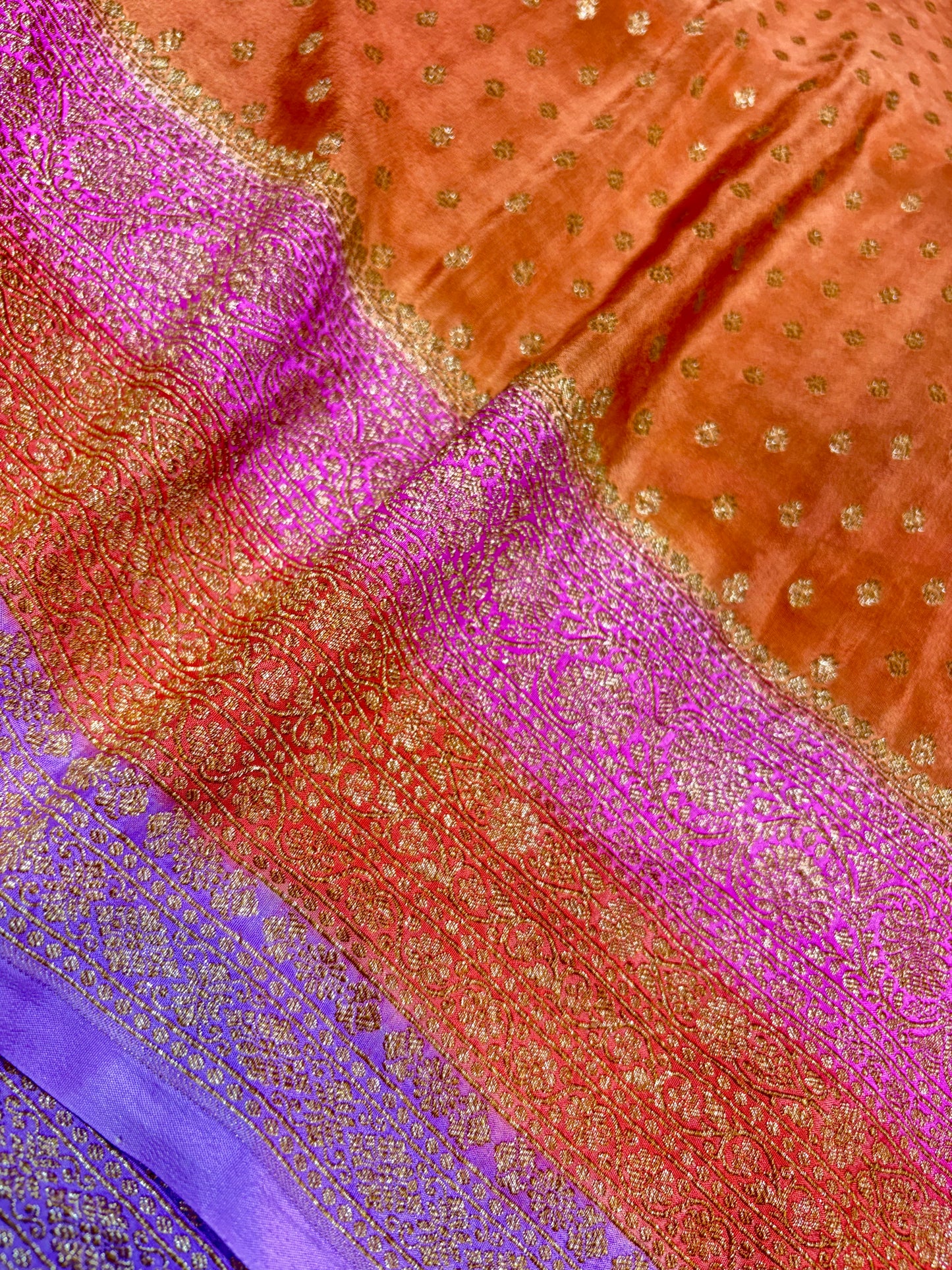 Pure Crape Antique Zari Allover Small Motifs Design Saree with 3d Contrast Pallu