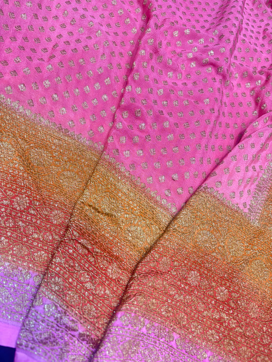 Pure Crape Antique Zari Allover Small Motifs Design Saree with 3d Contrast Border and Pallu