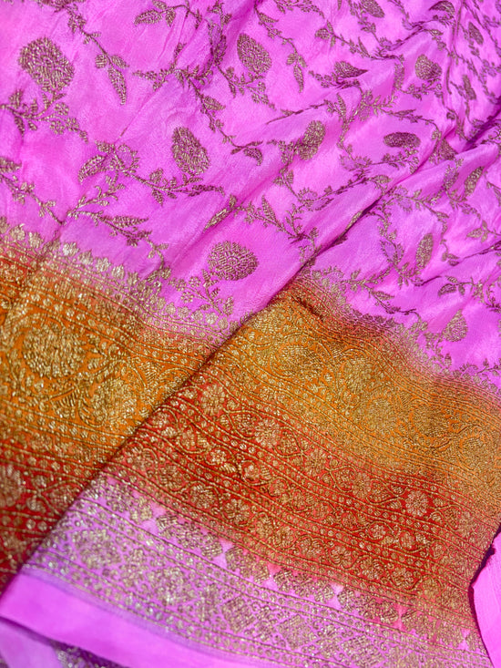 Pure Crape Antique Zari Allover Small Motifs Design Saree with 3d Contrast Border and Pallu