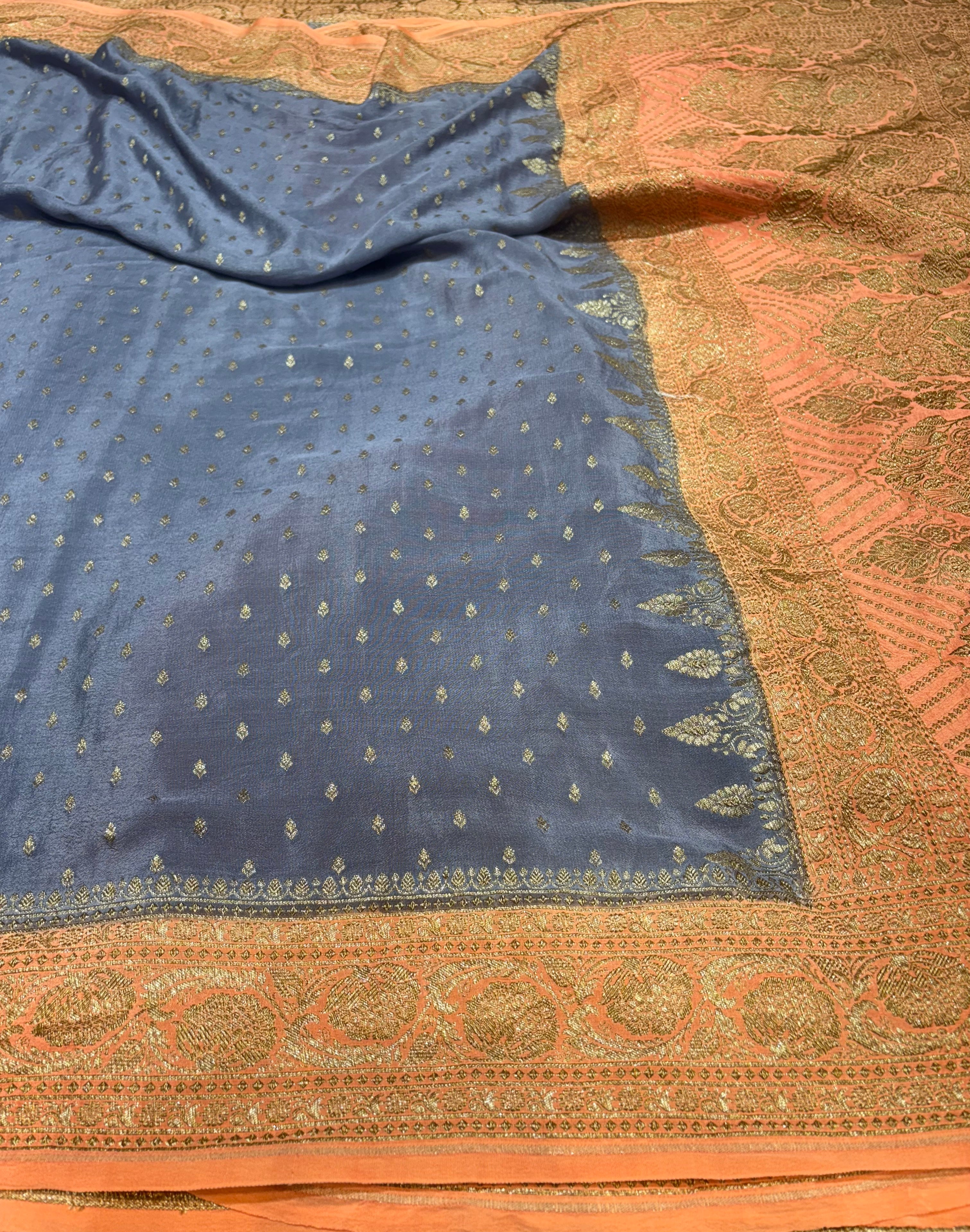 Pure Crape Antique Zari Allover Small Motifs Design Saree