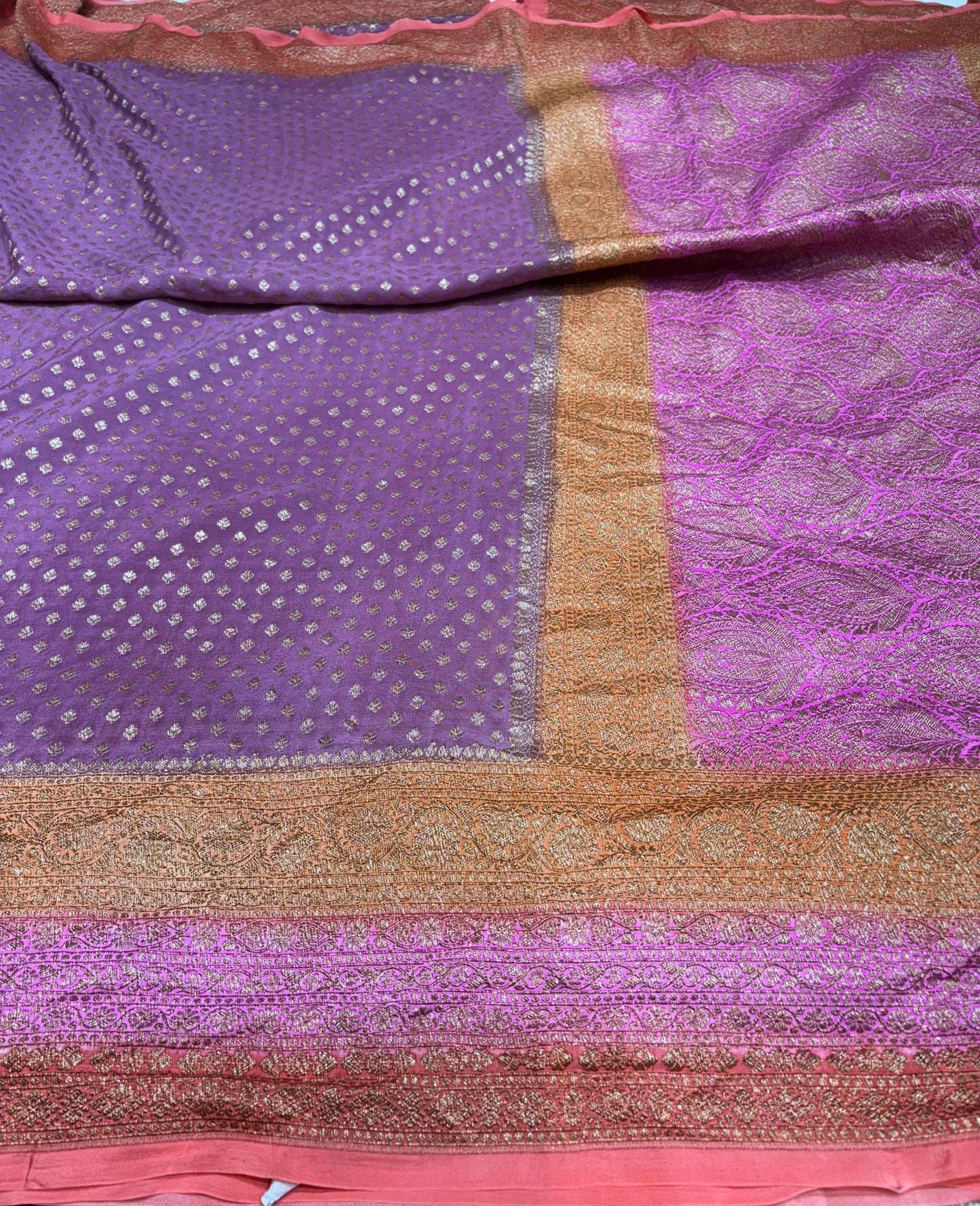 Pure Crape Antique Zari Allover Small Motifs Design Saree with 3D Contrast Border
