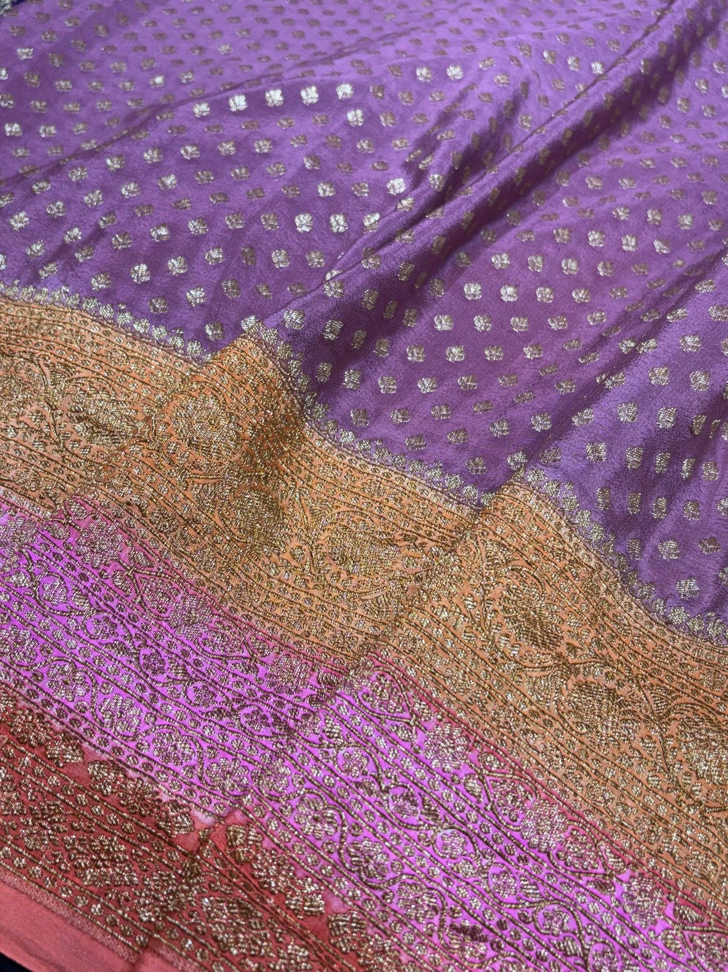 Pure Crape Antique Zari Allover Small Motifs Design Saree with 3D Contrast Border