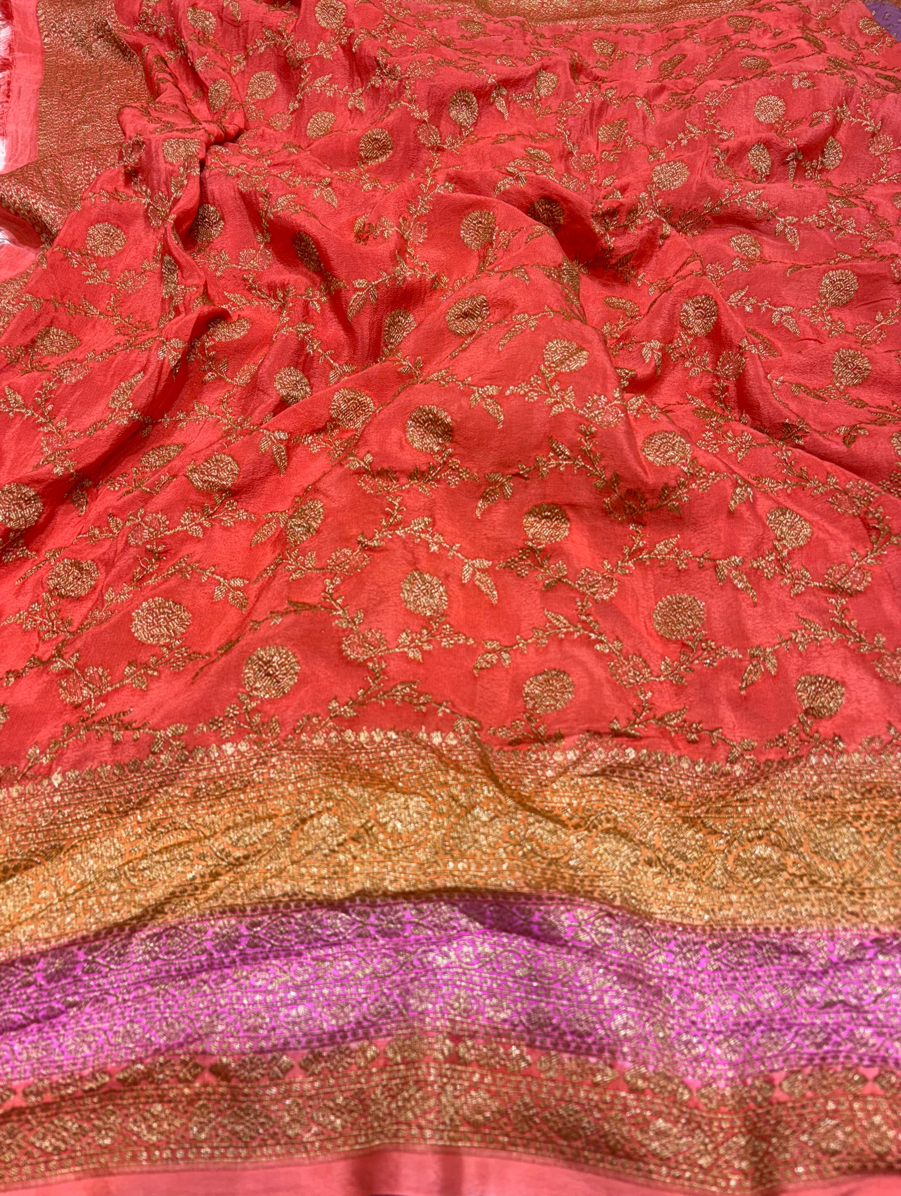 Pure Crape Antique Zari Allover Small Motifs Design Saree with 3D Contrast Border