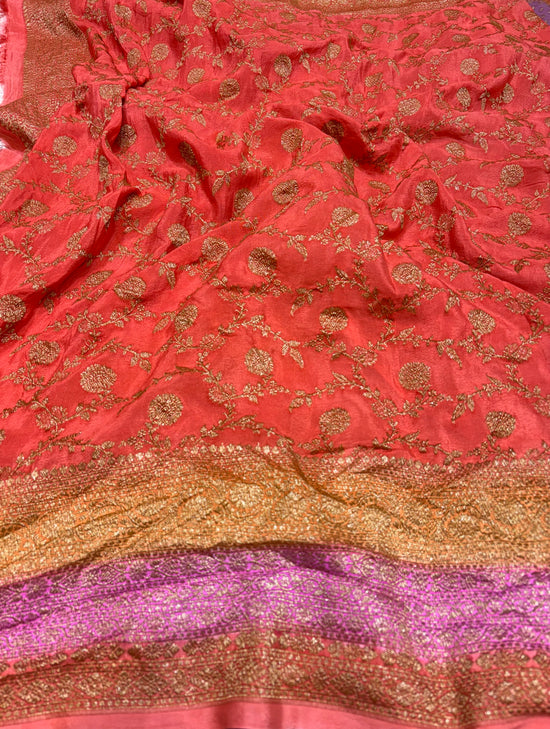 Pure Crape Antique Zari Allover Small Motifs Design Saree with 3D Contrast Border