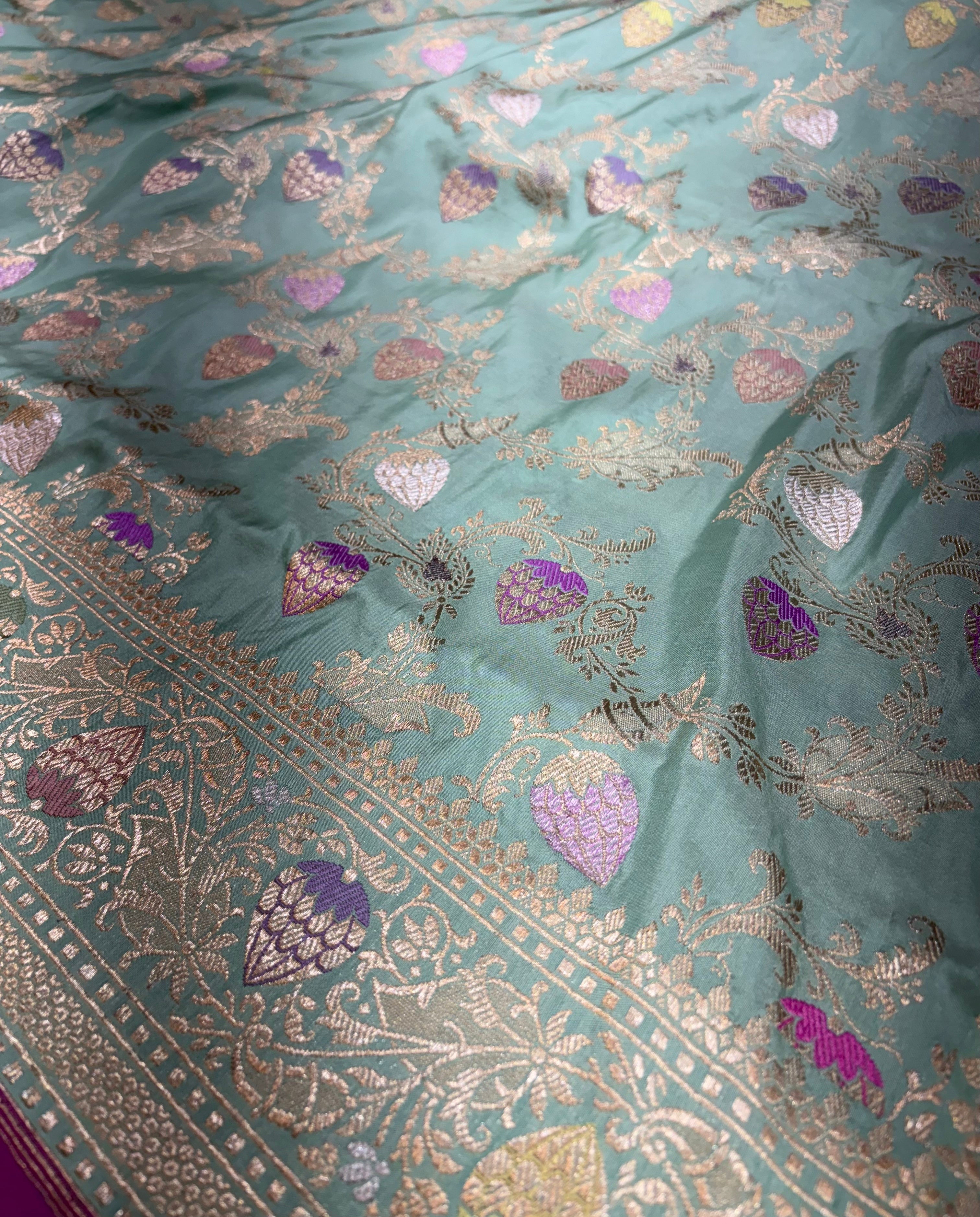 Pure Katan Floral Jaal Jungla in Aqua Blue Colour Weaved with Kadhwa Technique