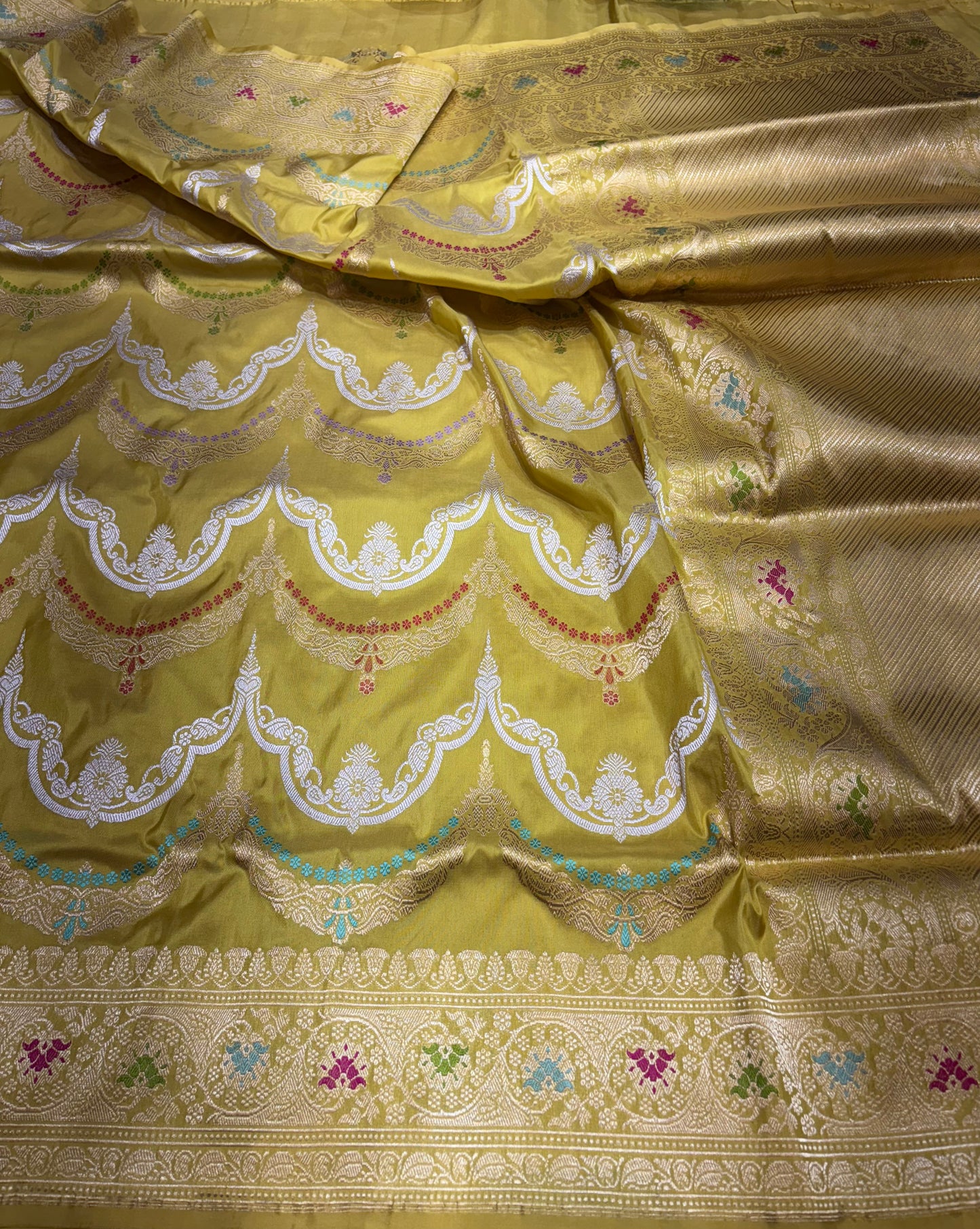 Pure Katan Jungla Inspired by Necklace Design with Gold and Silver Zari and Oultine by Minakari with Pure Resham From Kadhwa Technique