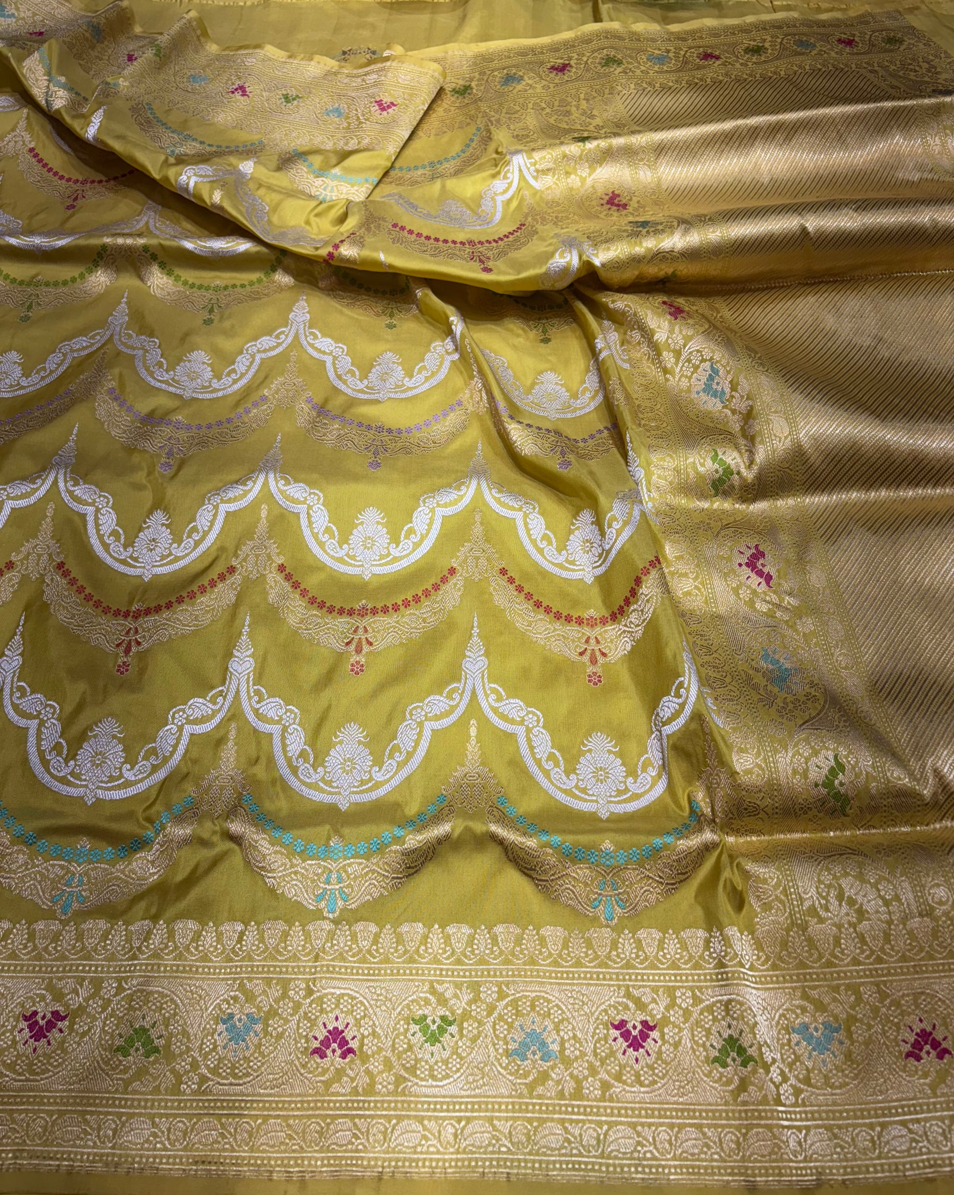 Pure Katan Jungla Inspired by Necklace Design with Gold and Silver Zari and Oultine by Minakari with Pure Resham From Kadhwa Technique