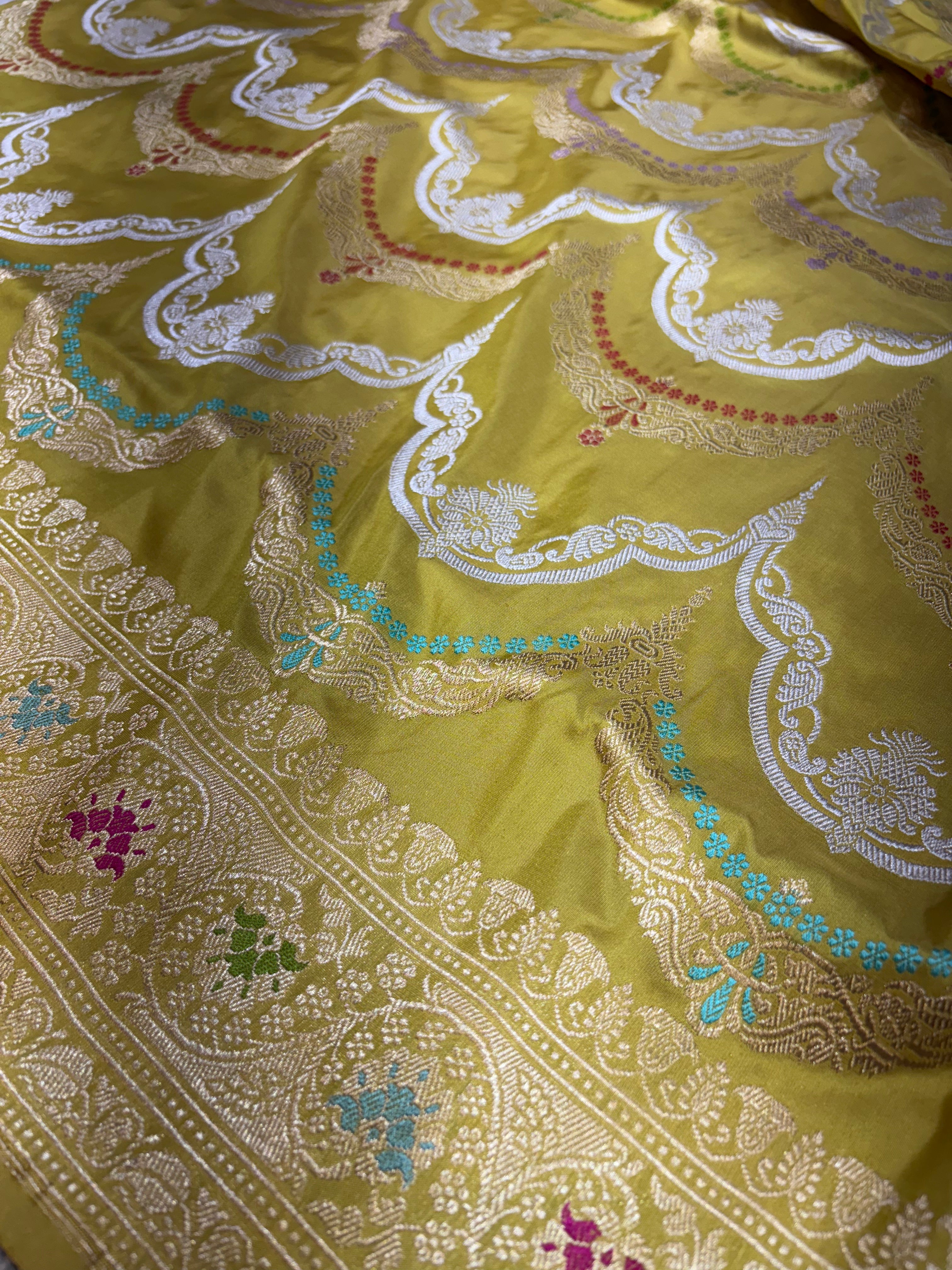 Pure Katan Jungla Inspired by Necklace Design with Gold and Silver Zari and Oultine by Minakari with Pure Resham From Kadhwa Technique