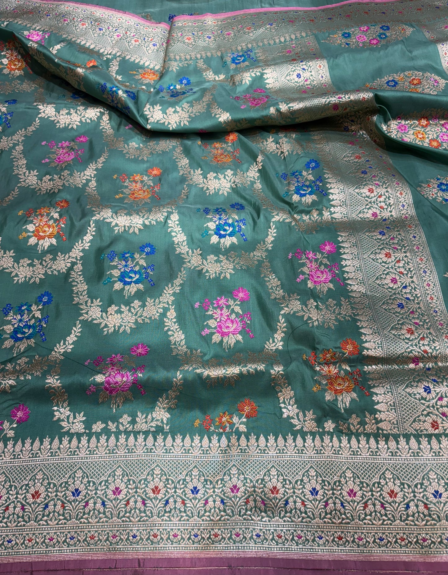 Pure Katan Minakari Jungla Weaved with Gold Zari Floral Block Design and Bunch Buta Motifs From Allover Kadhwa Technique