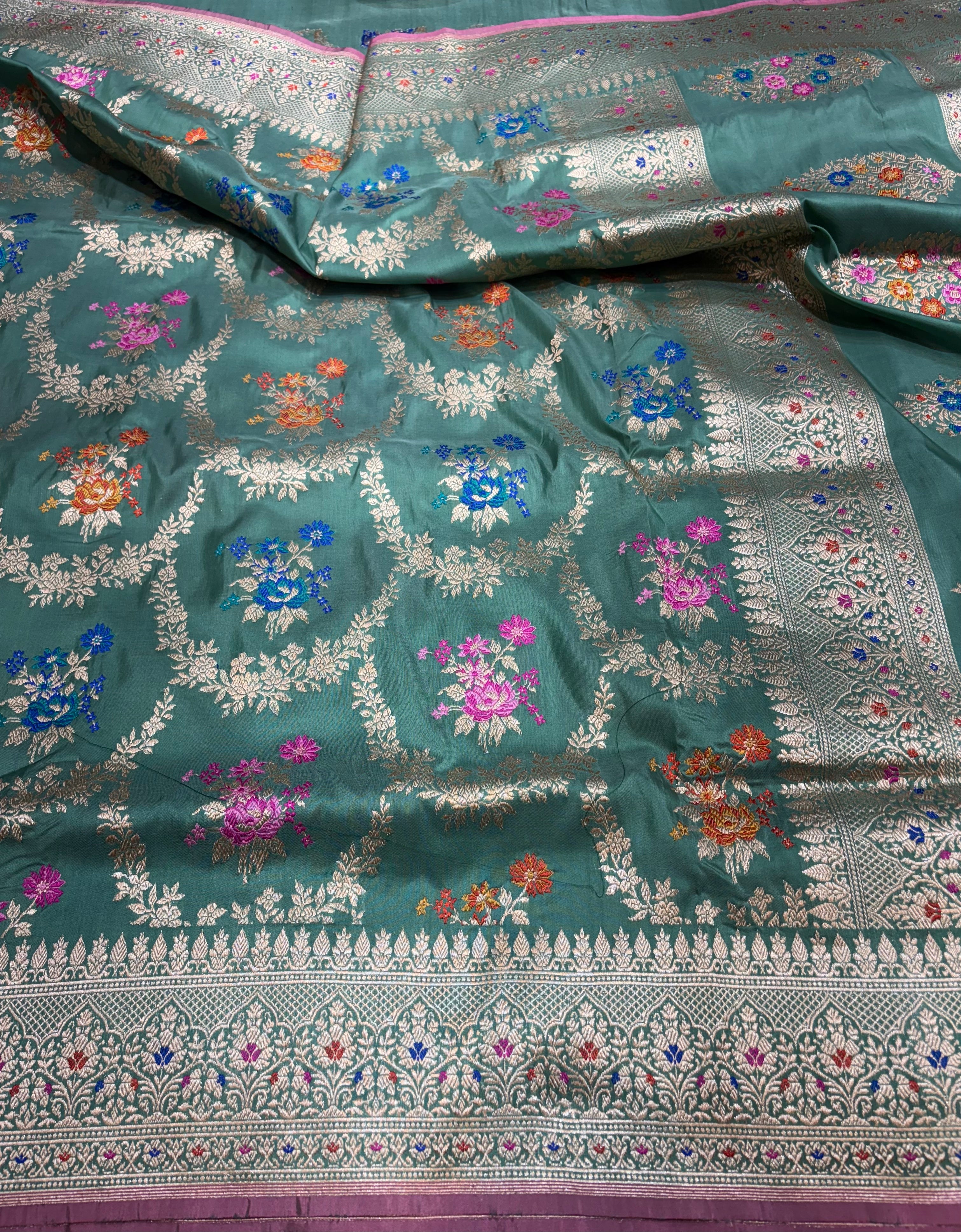 Pure Katan Minakari Jungla Weaved with Gold Zari Floral Block Design and Bunch Buta Motifs From Allover Kadhwa Technique