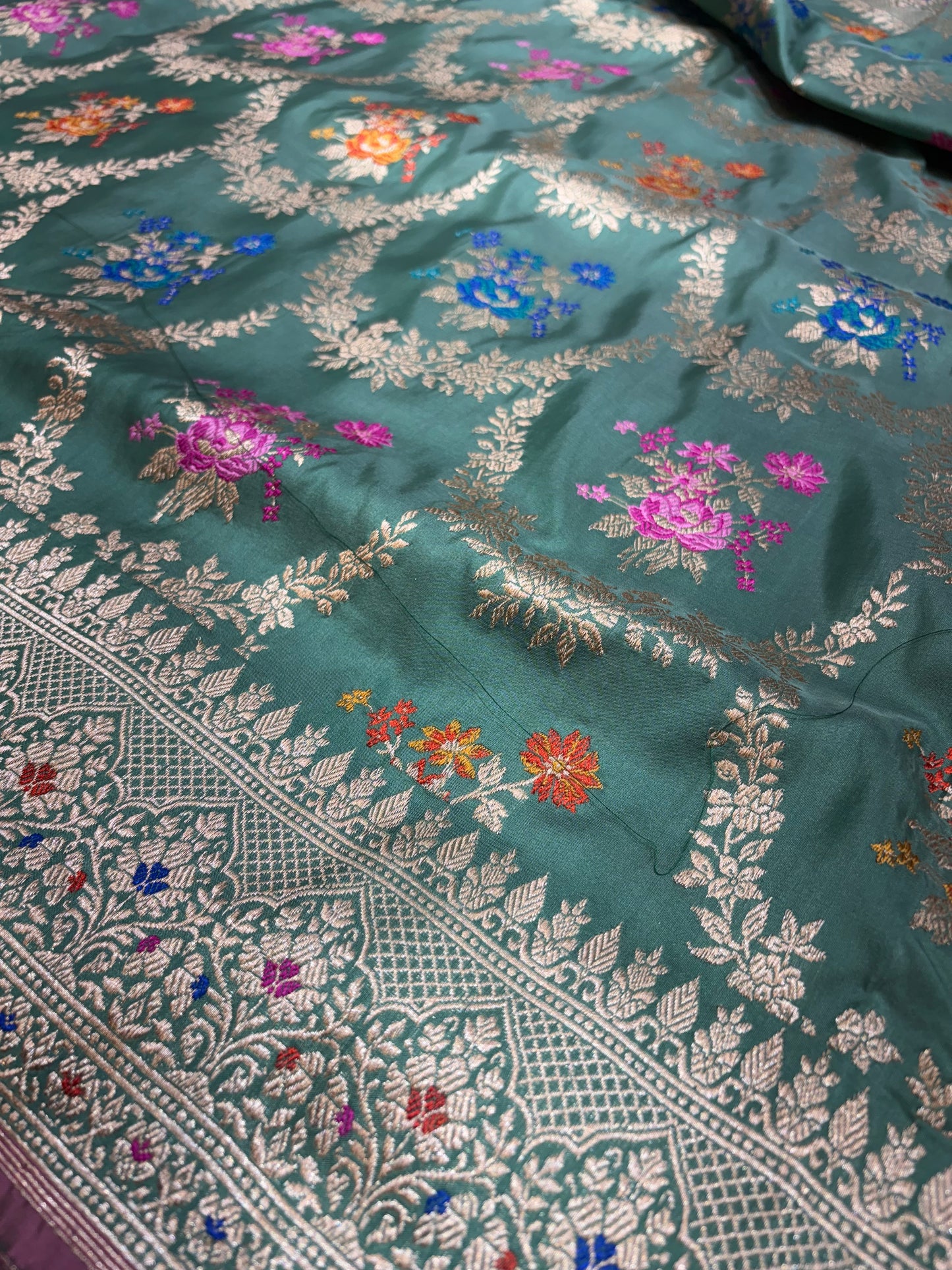 Pure Katan Minakari Jungla Weaved with Gold Zari Floral Block Design and Bunch Buta Motifs From Allover Kadhwa Technique