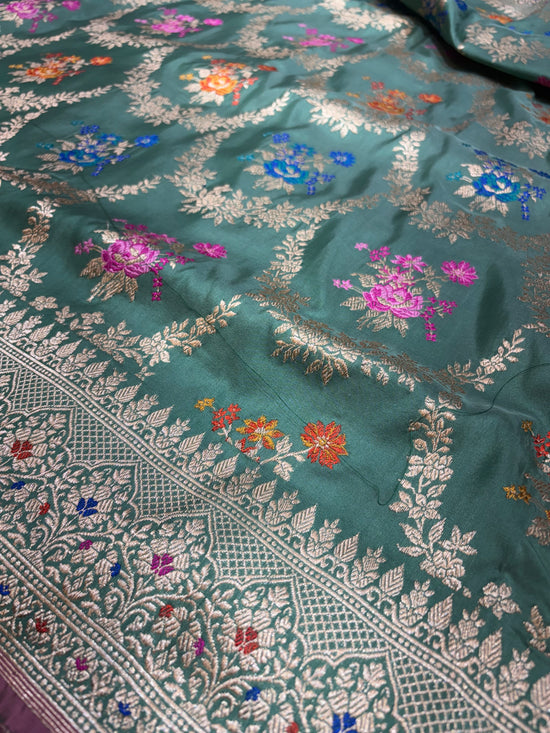 Pure Katan Minakari Jungla Weaved with Gold Zari Floral Block Design and Bunch Buta Motifs From Allover Kadhwa Technique