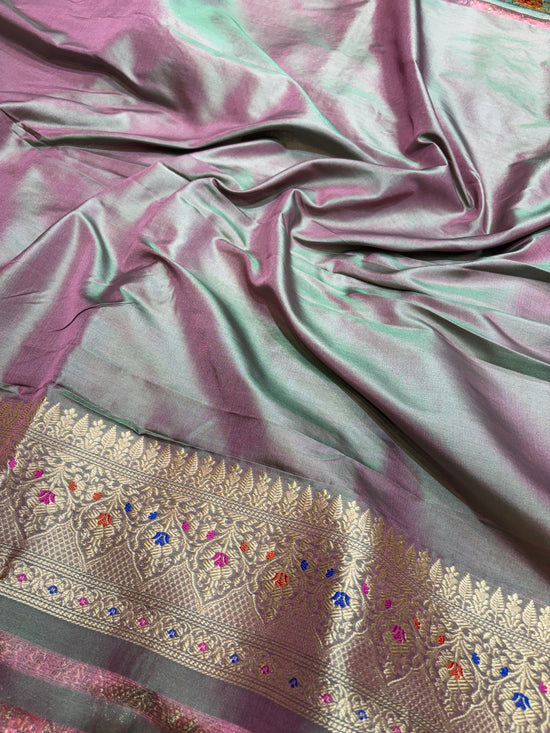 Pure Katan Minakari Jungla Weaved with Gold Zari Floral Block Design and Bunch Buta Motifs From Allover Kadhwa Technique